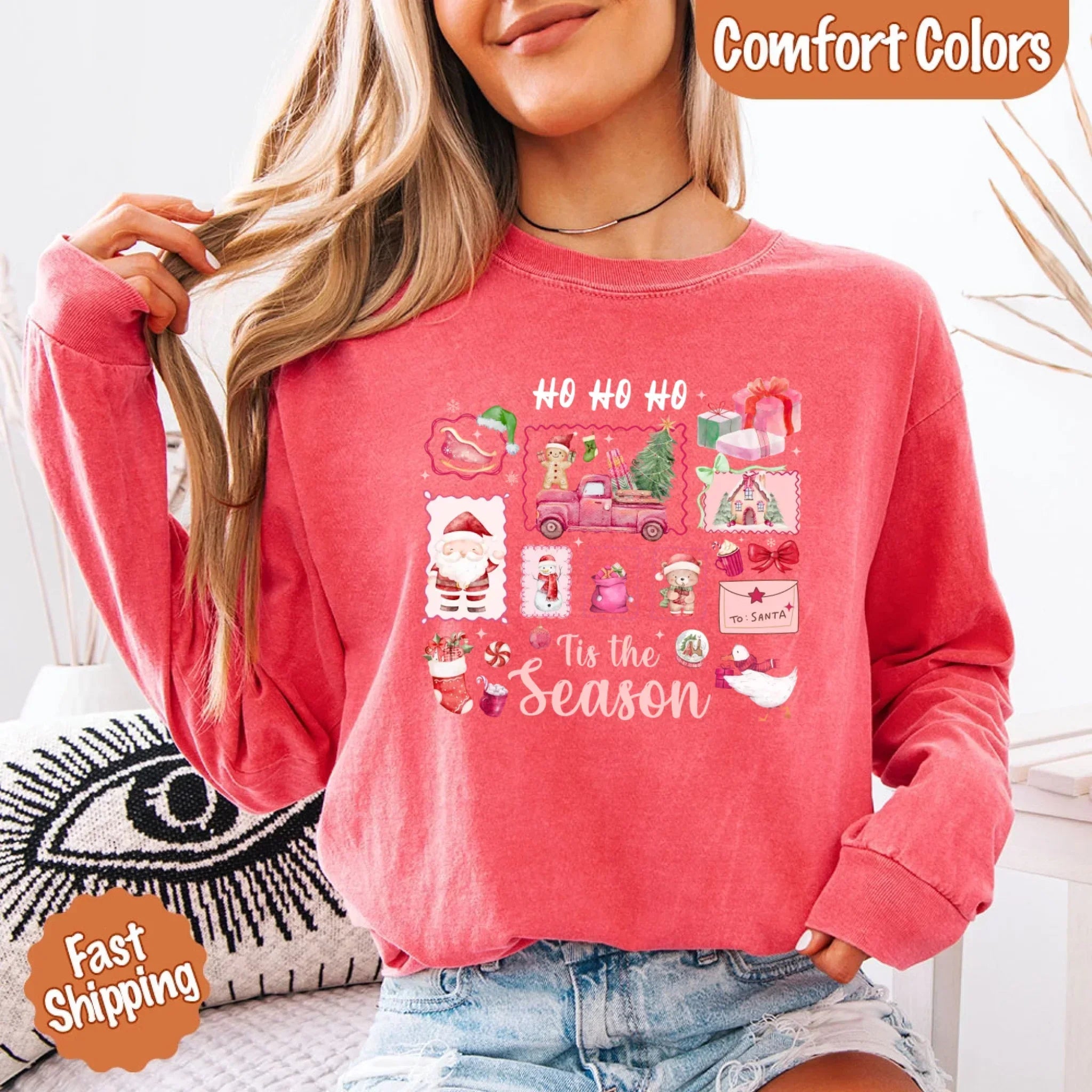 Comfort Colors long sleeve Christmas shirt, pink, 'Ho Ho Ho' 'Tis the Season' graphic