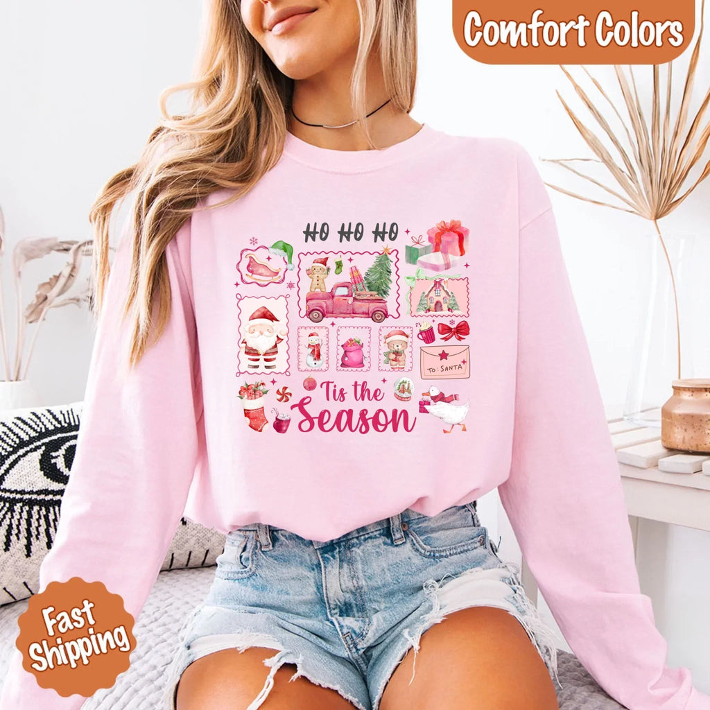 Comfort Colors long sleeve Christmas shirt, light pink, 'Ho Ho Ho' 'Tis the Season' graphic