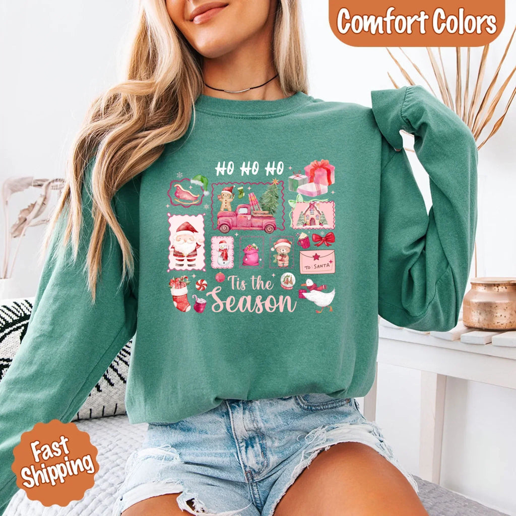 Comfort Colors long sleeve Christmas shirt, dark teal, 'Ho Ho Ho' 'Tis the Season' graphic