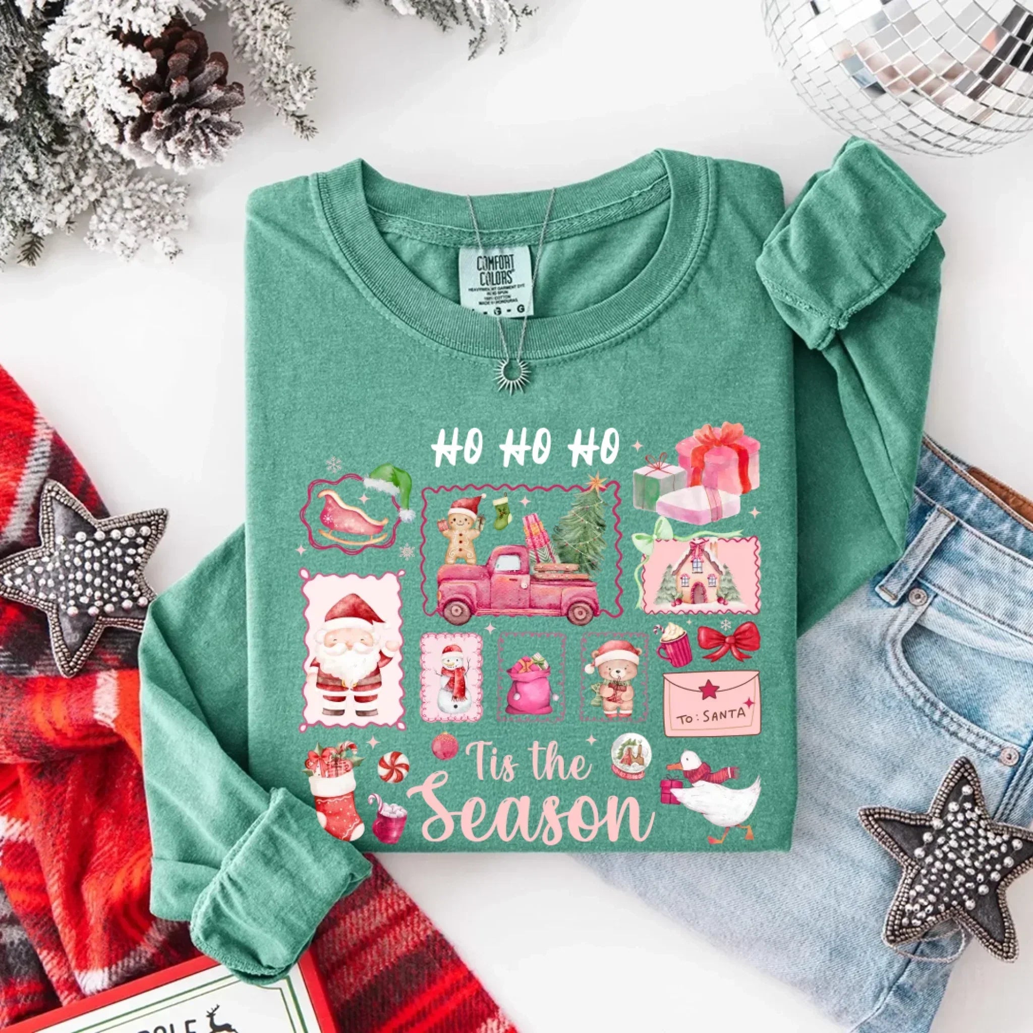 Comfort Colors long sleeve Christmas shirt, green, 'Ho Ho Ho' 'Tis the Season' graphic