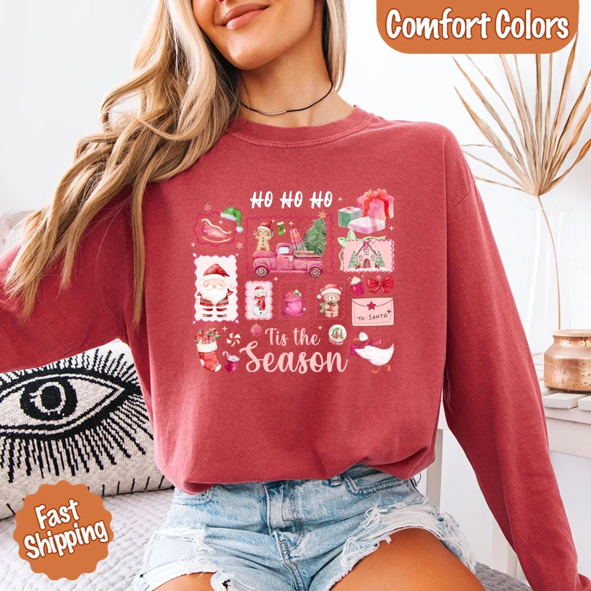 Maroon long-sleeve Christmas T-shirt with “HO HO HO” and “Tis the Season” graphic