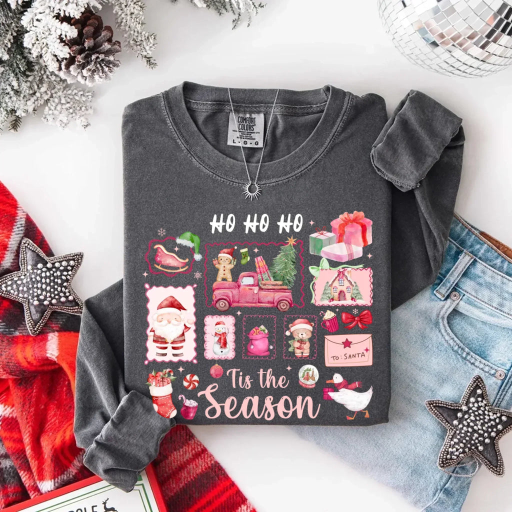 Comfort Colors long sleeve Christmas shirt, charcoal gray, 'Ho Ho Ho' 'Tis the Season' graphic