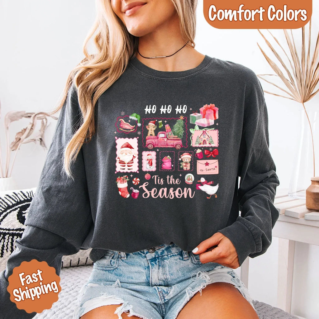 Comfort Colors long sleeve Christmas shirt, dark gray, 'Ho Ho Ho' 'Tis the Season' graphic