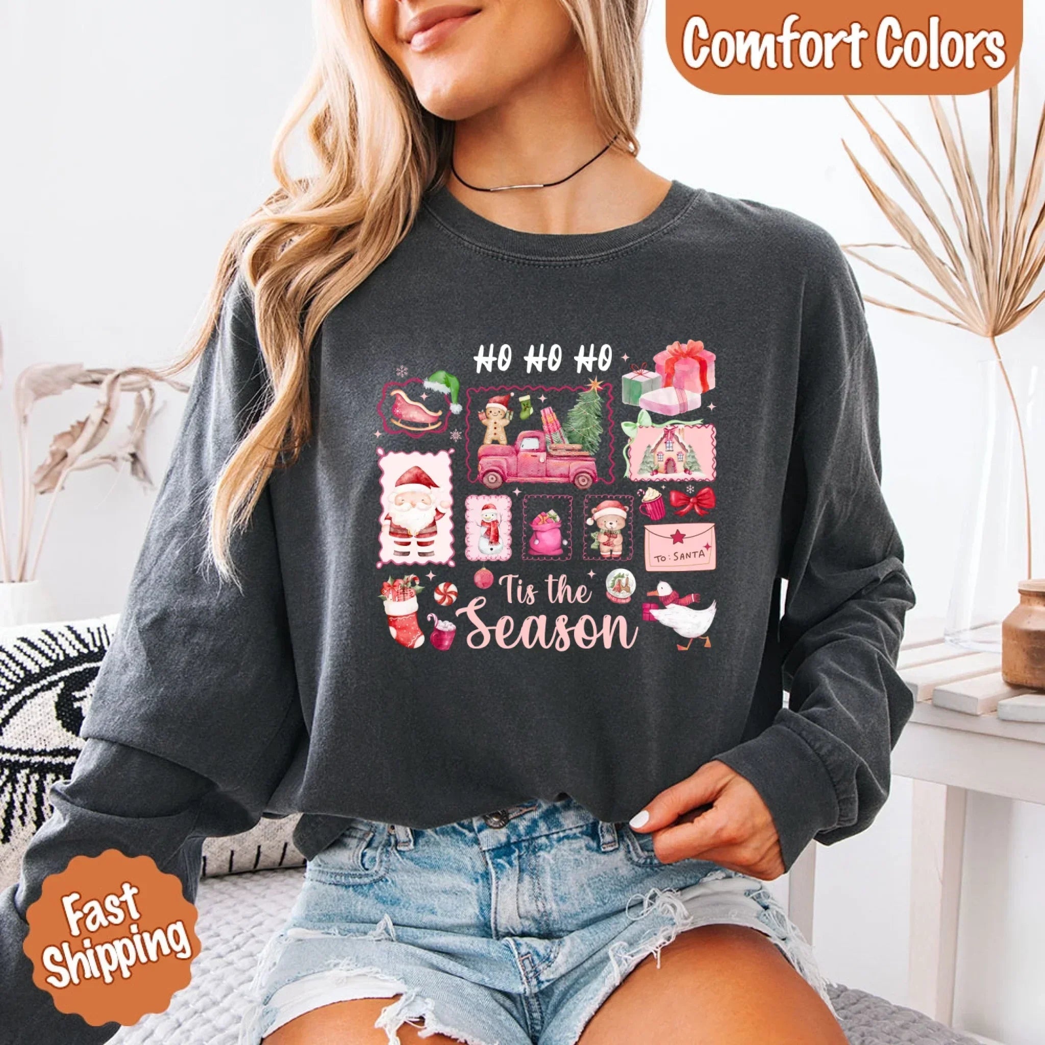 Comfort Colors long sleeve Christmas shirt, dark gray, 'Ho Ho Ho' 'Tis the Season' graphic