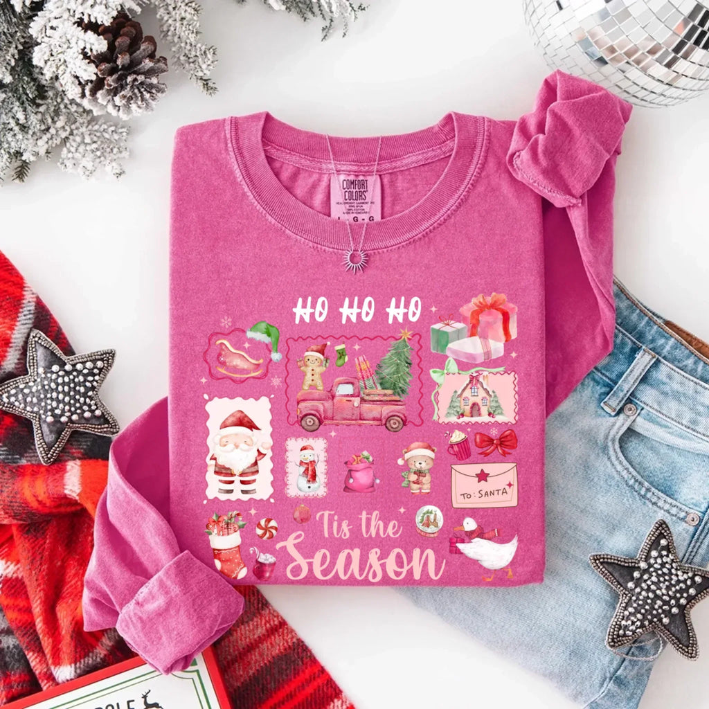 Comfort Colors long sleeve Christmas shirt, fuchsia pink, 'Ho Ho Ho' 'Tis the Season' graphic