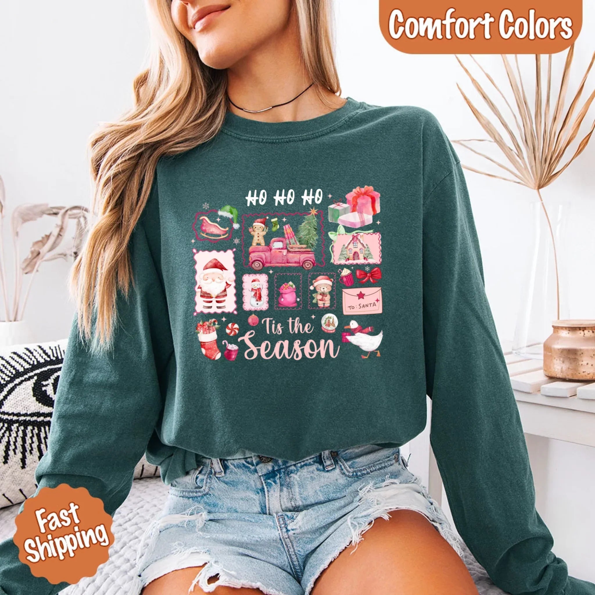 Dark green long-sleeve Christmas T-shirt with “HO HO HO” and “Tis the Season” graphic