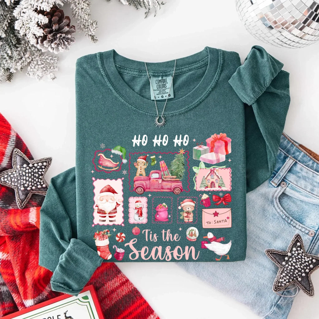 Green long-sleeve Christmas T-shirt with “HO HO HO” and “Tis the Season” graphic