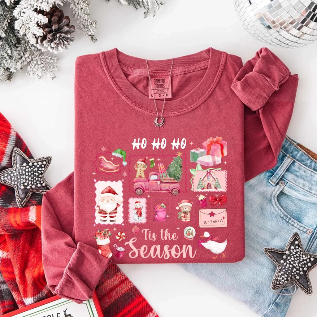 Red long-sleeve Christmas T-shirt with “HO HO HO” and “Tis the Season” graphic