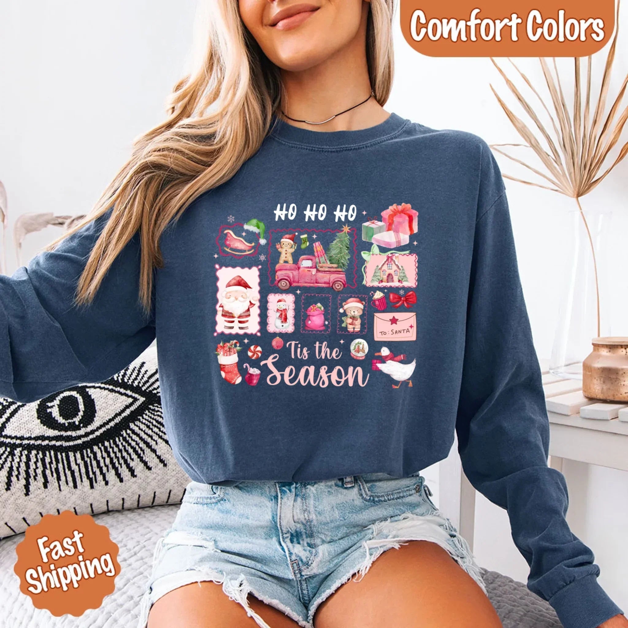 Navy long-sleeve Christmas T-shirt with “HO HO HO” and “Tis the Season” graphic