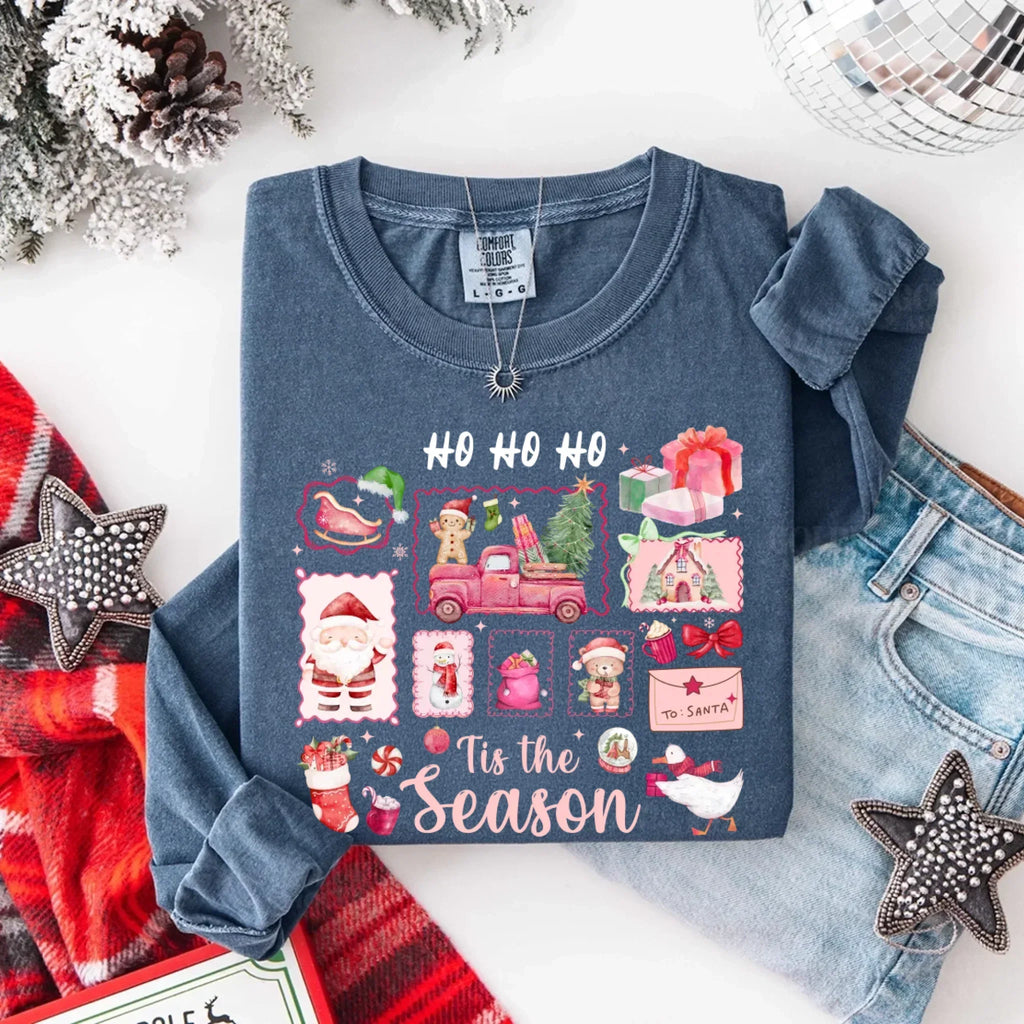 Blue long-sleeve Christmas T-shirt with “HO HO HO” and “Tis the Season” graphic