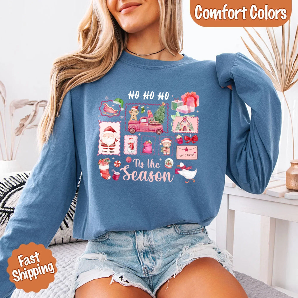Denim blue long-sleeve Christmas T-shirt with “HO HO HO” and “Tis the Season” graphic