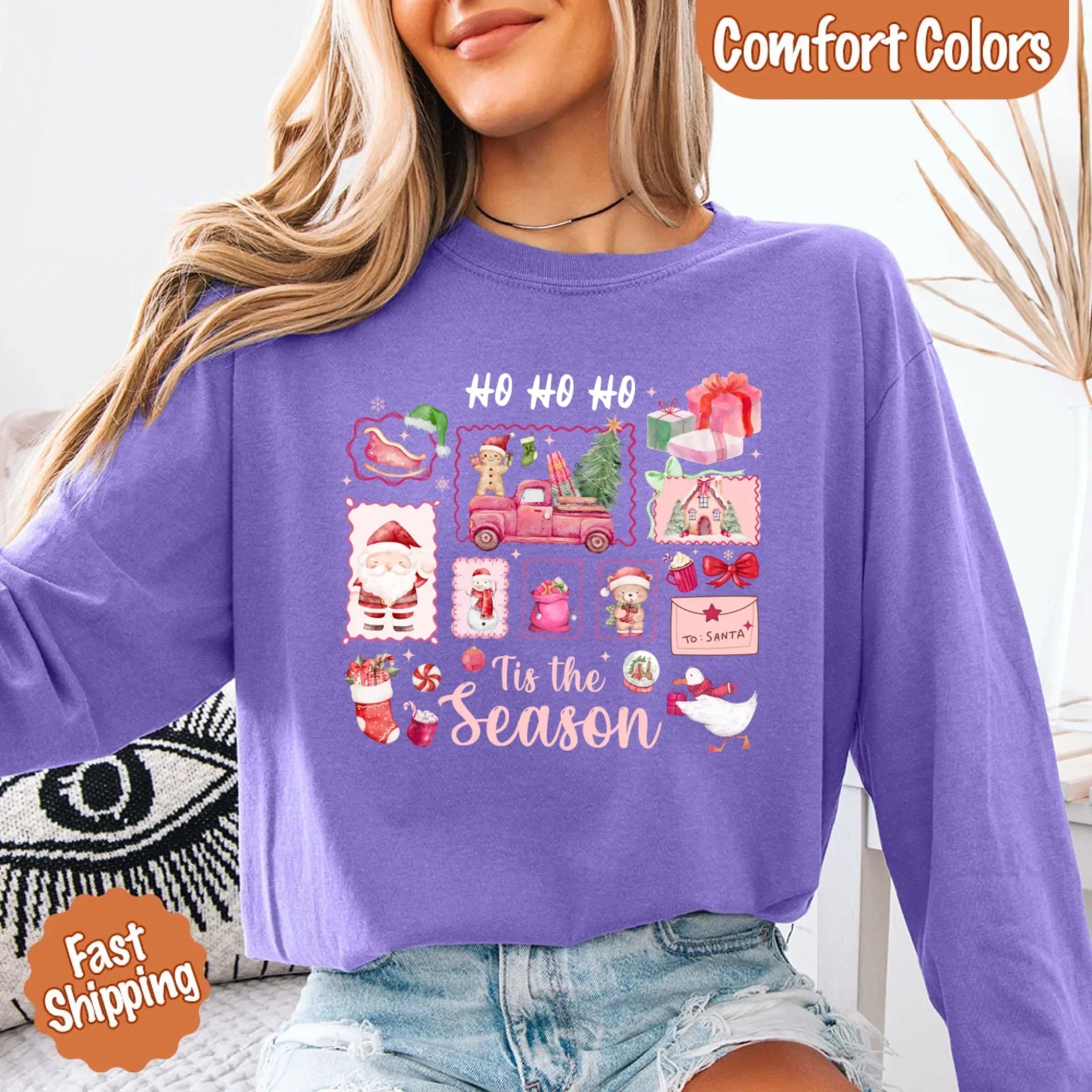 Purple long-sleeve Christmas T-shirt with “HO HO HO” and “Tis the Season” graphic