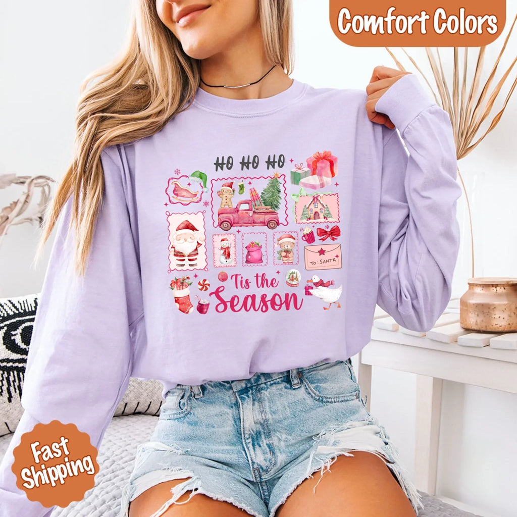 Lavender long sleeve Christmas T-shirt with festive “Tis the season” graphic on chest