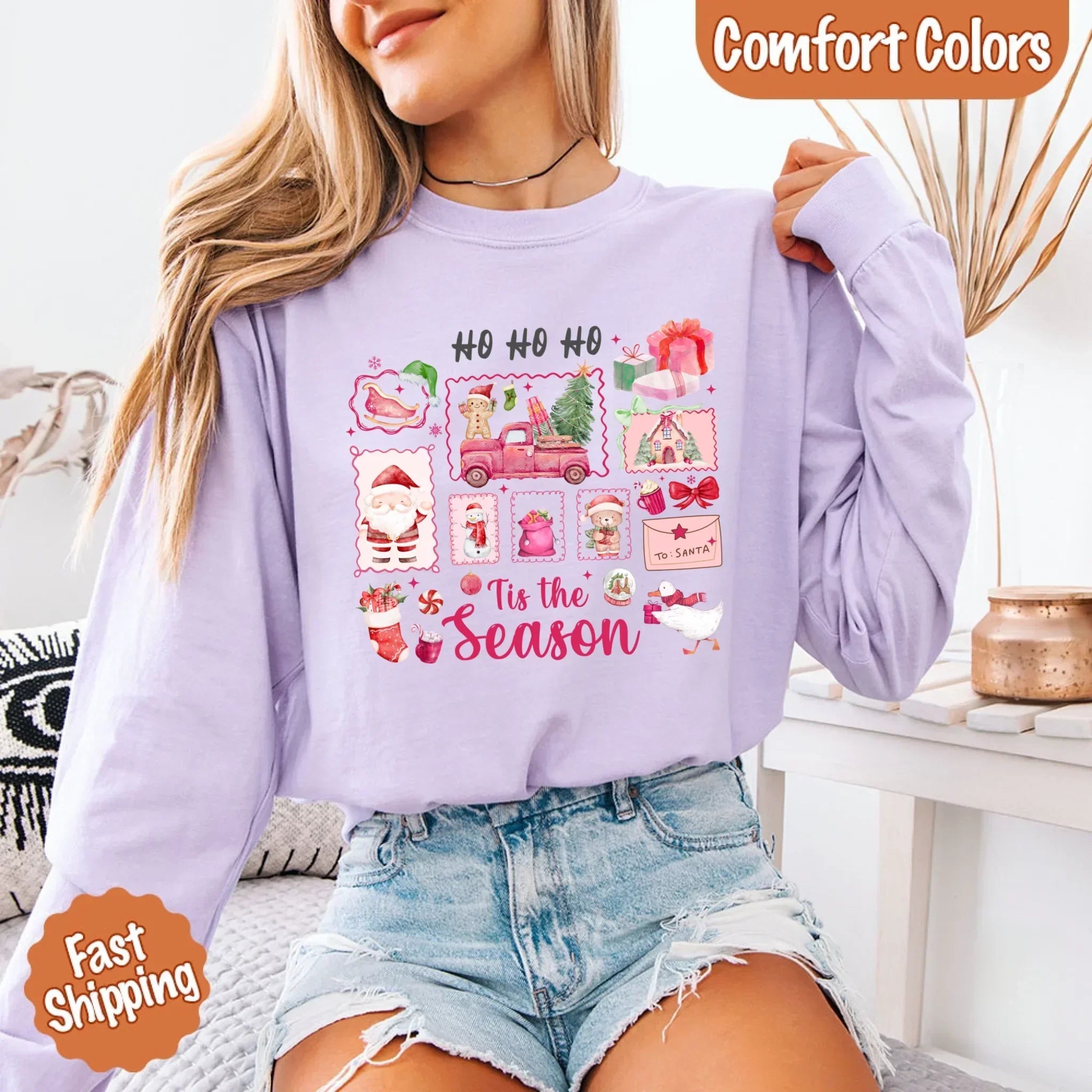 Lavender long sleeve Christmas T-shirt with festive “Tis the season” graphic on chest