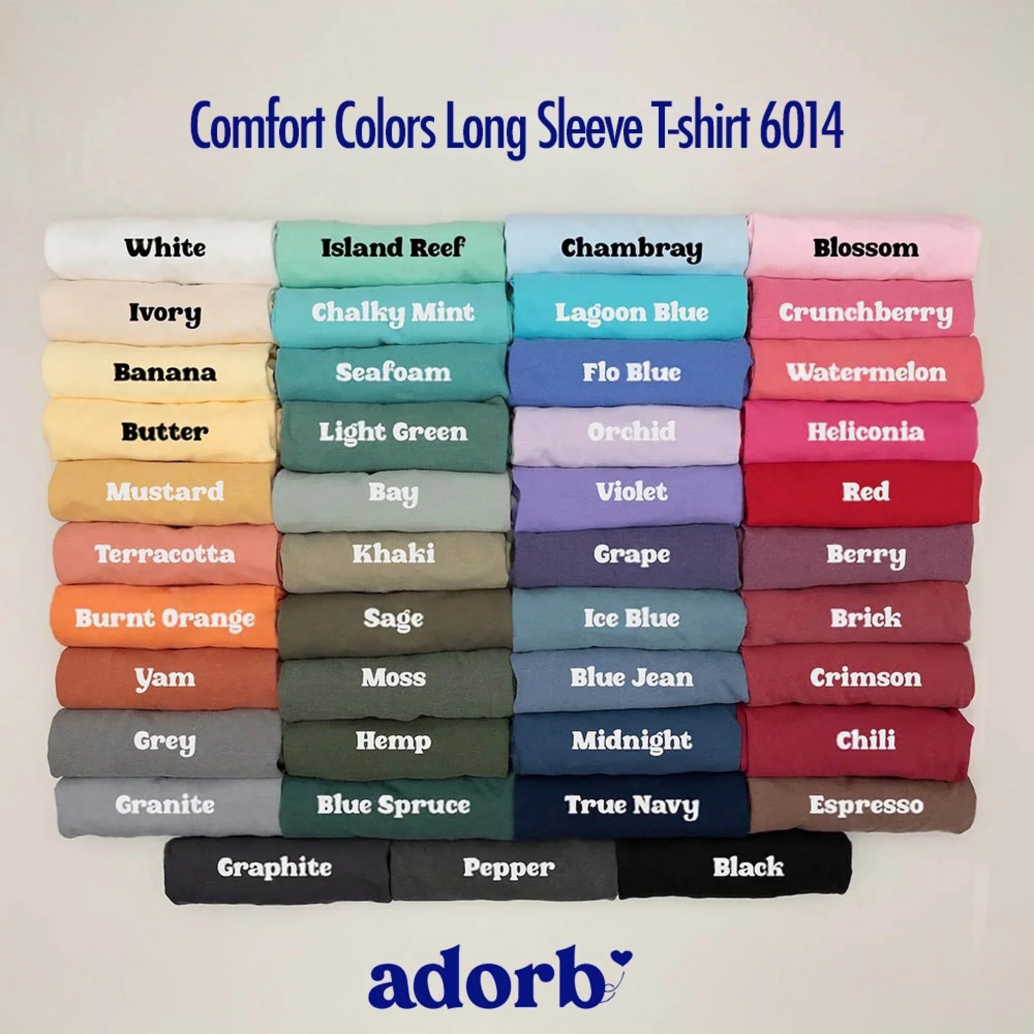 Long sleeve T-shirt color chart with folded fabric swatches and “Comfort Colors” label