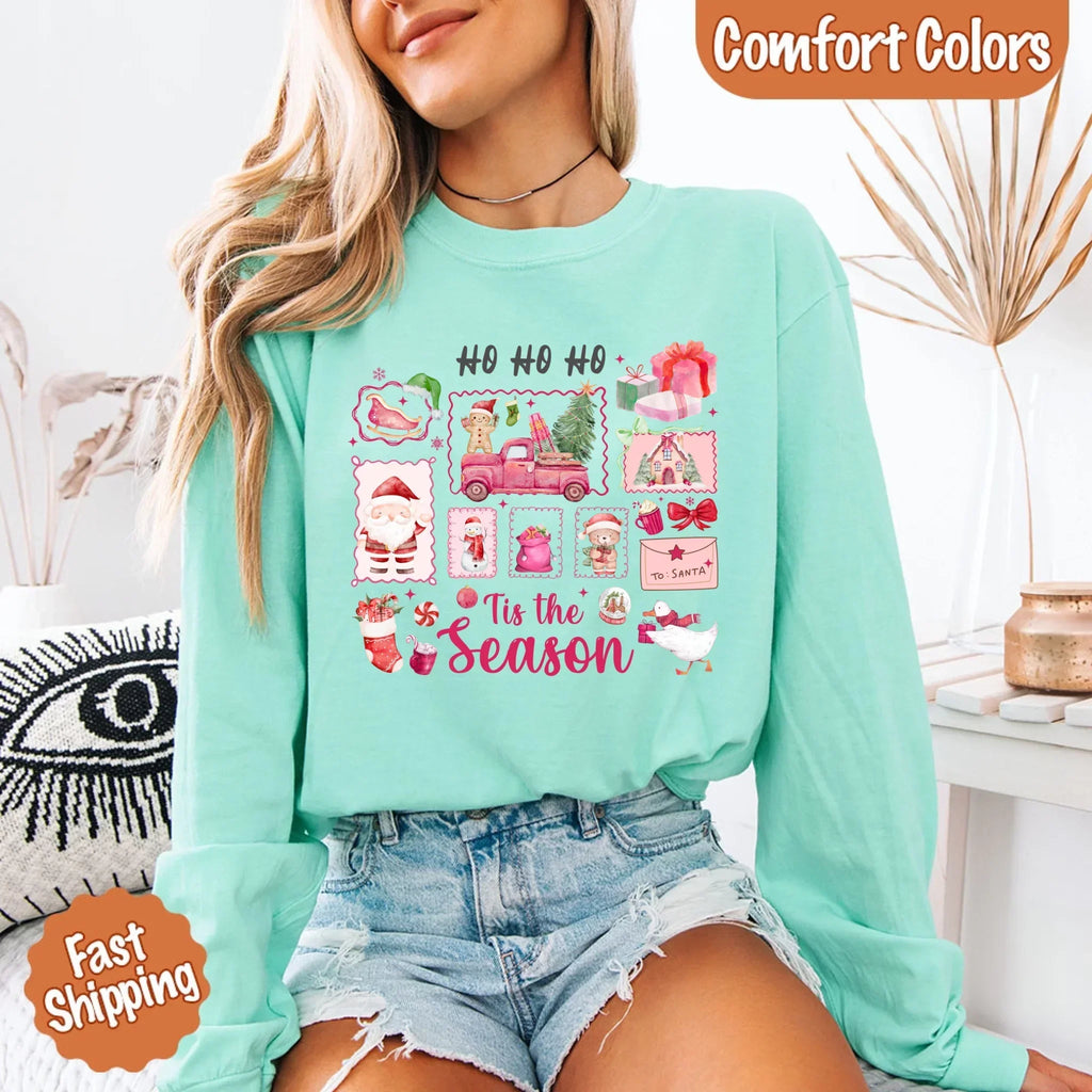 Mint green long sleeve Christmas T-shirt with “Tis the season” holiday graphic on chest