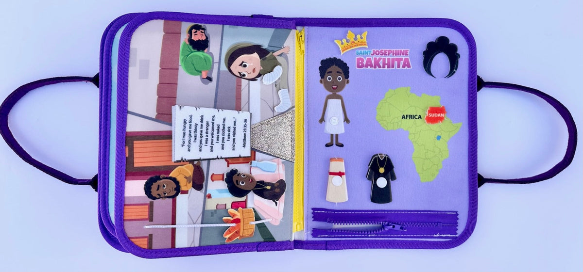Busy book open to two felt scenes with colorful character figures and stitched details