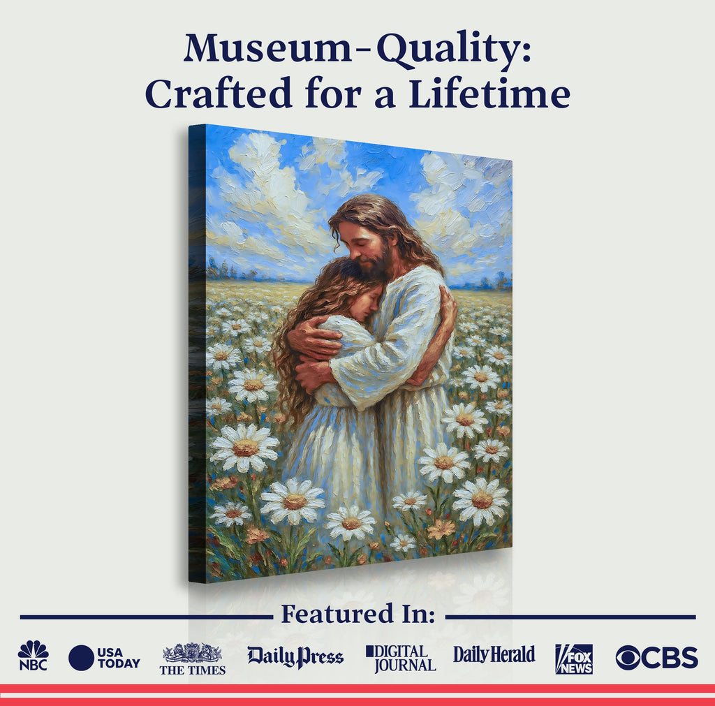 Jesus holding a child wall art canvas with “Museum-Quality” header text
