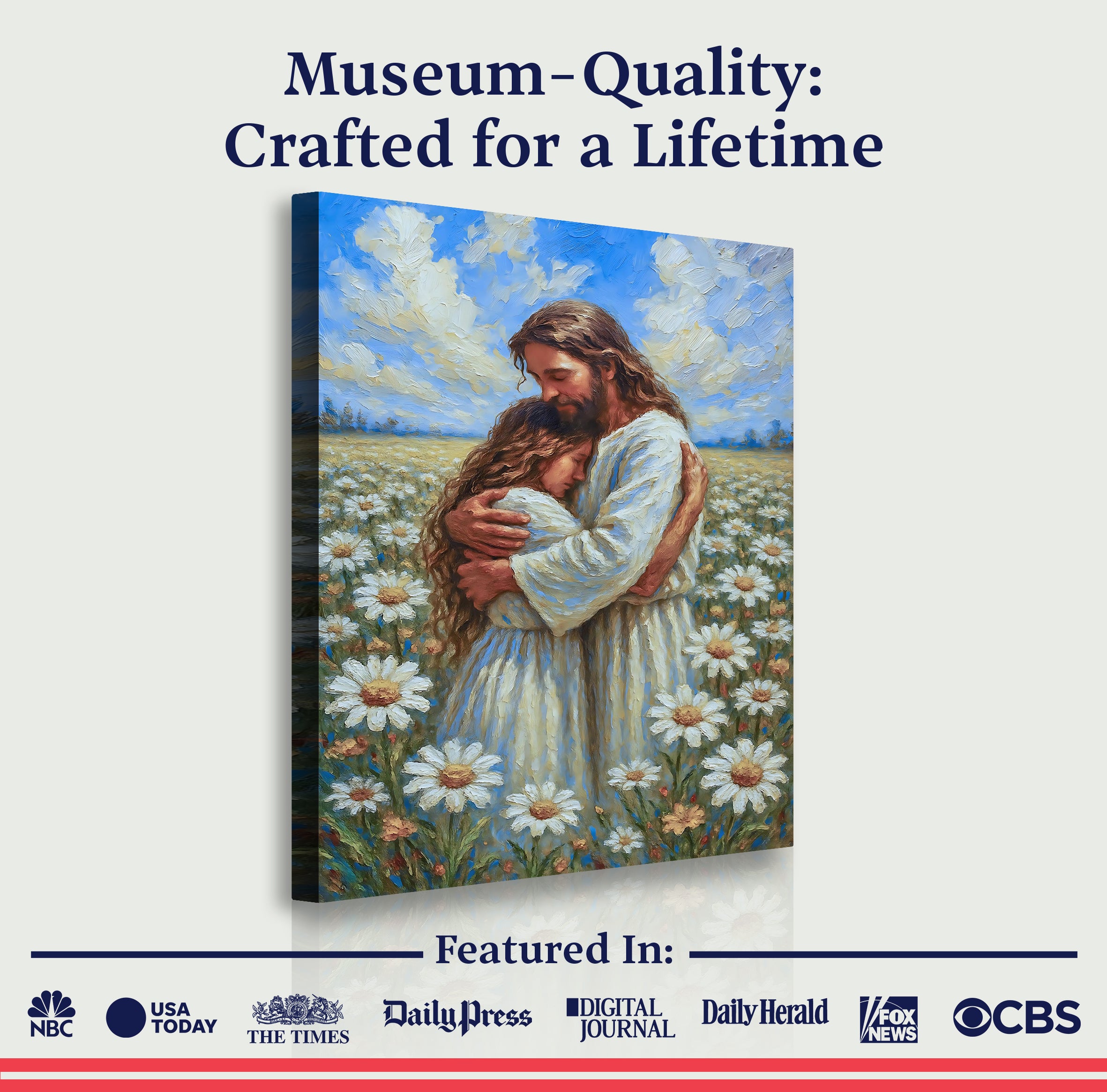 Jesus holding a child wall art canvas with “Museum-Quality” header text