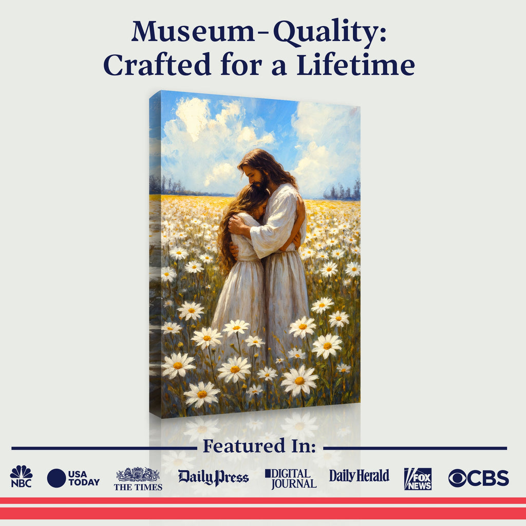 Faith wall art canvas of Jesus hugging a woman in a bright daisy meadow