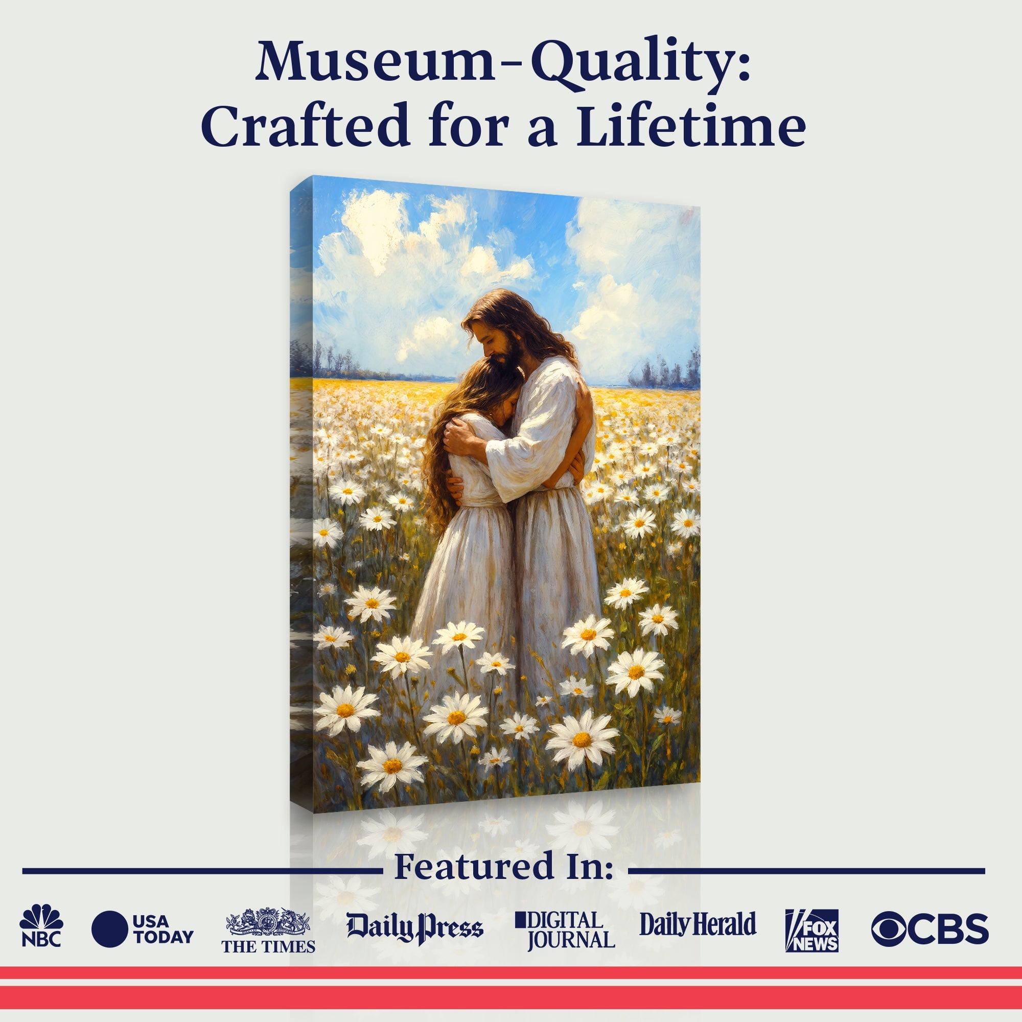 Faith wall art canvas of Jesus hugging a woman in a bright daisy meadow