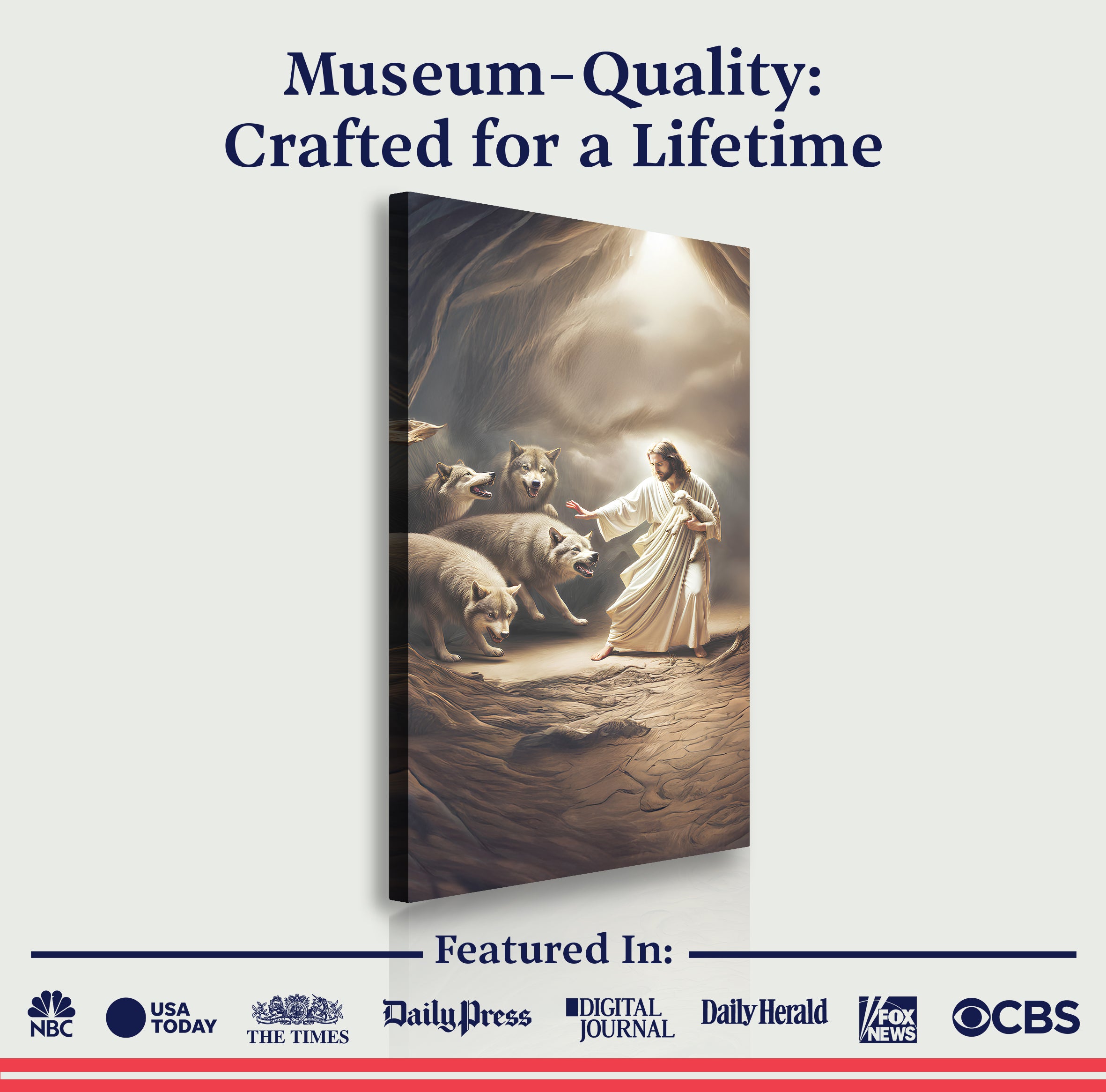 Faith wall art canvas with Jesus and wolves/lambs scene, museum-quality text above