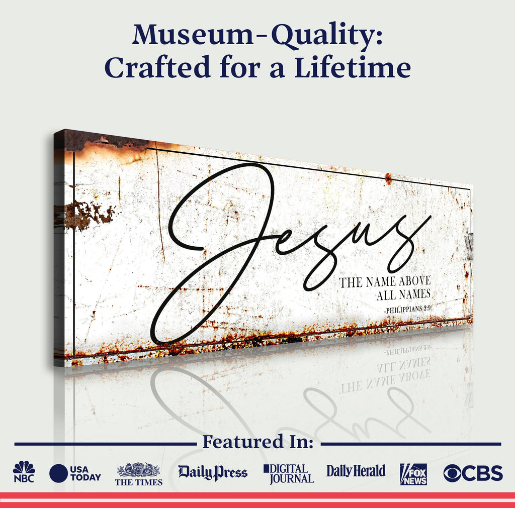Jesus canvas wall art with “Museum-Quality” callout and scripture text, horizontal