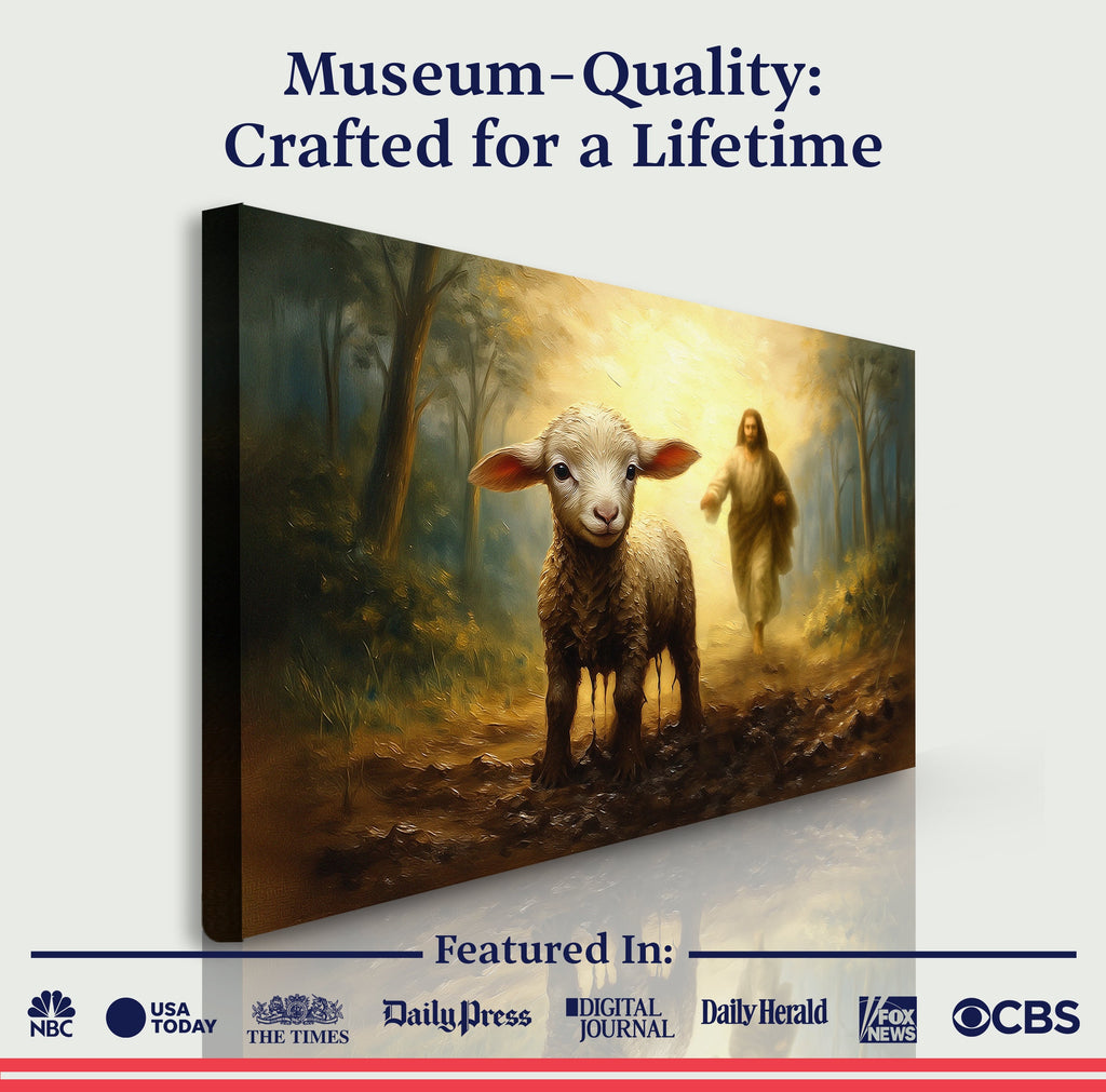 Gallery-style canvas print of a lamb and Jesus in a forest, shown in a promo layout