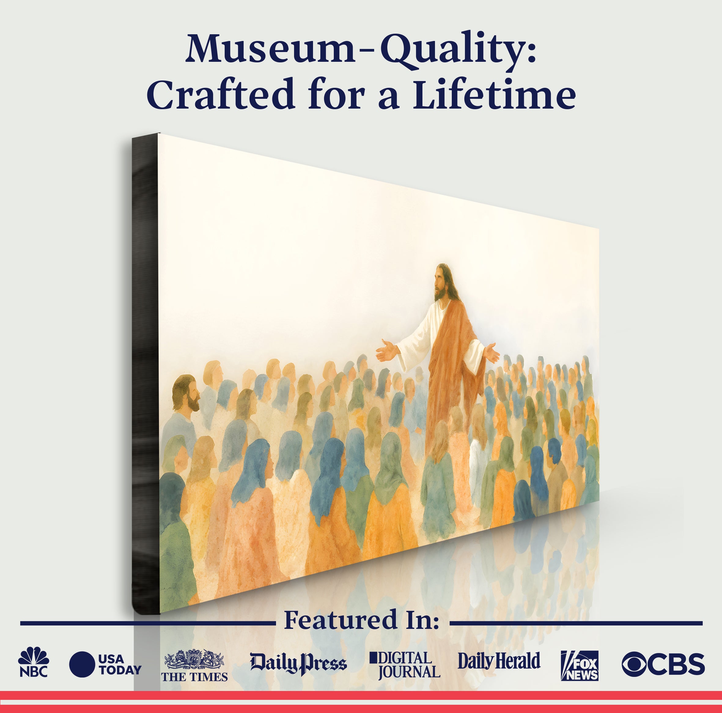 Museum-quality landscape canvas wall art of Jesus speaking to a crowd, orange robe