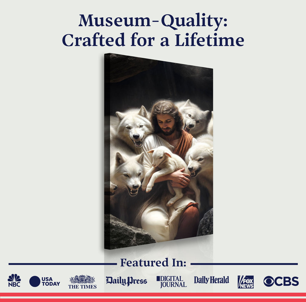 Vertical canvas wall art of Jesus holding a lamb surrounded by wolves