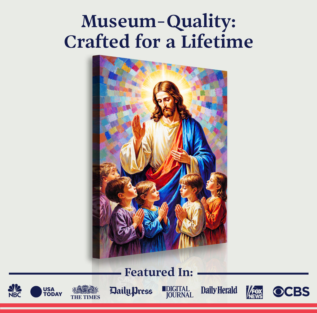 Jesus praying wall art with colorful mosaic rays and kneeling children, featured listing graphic