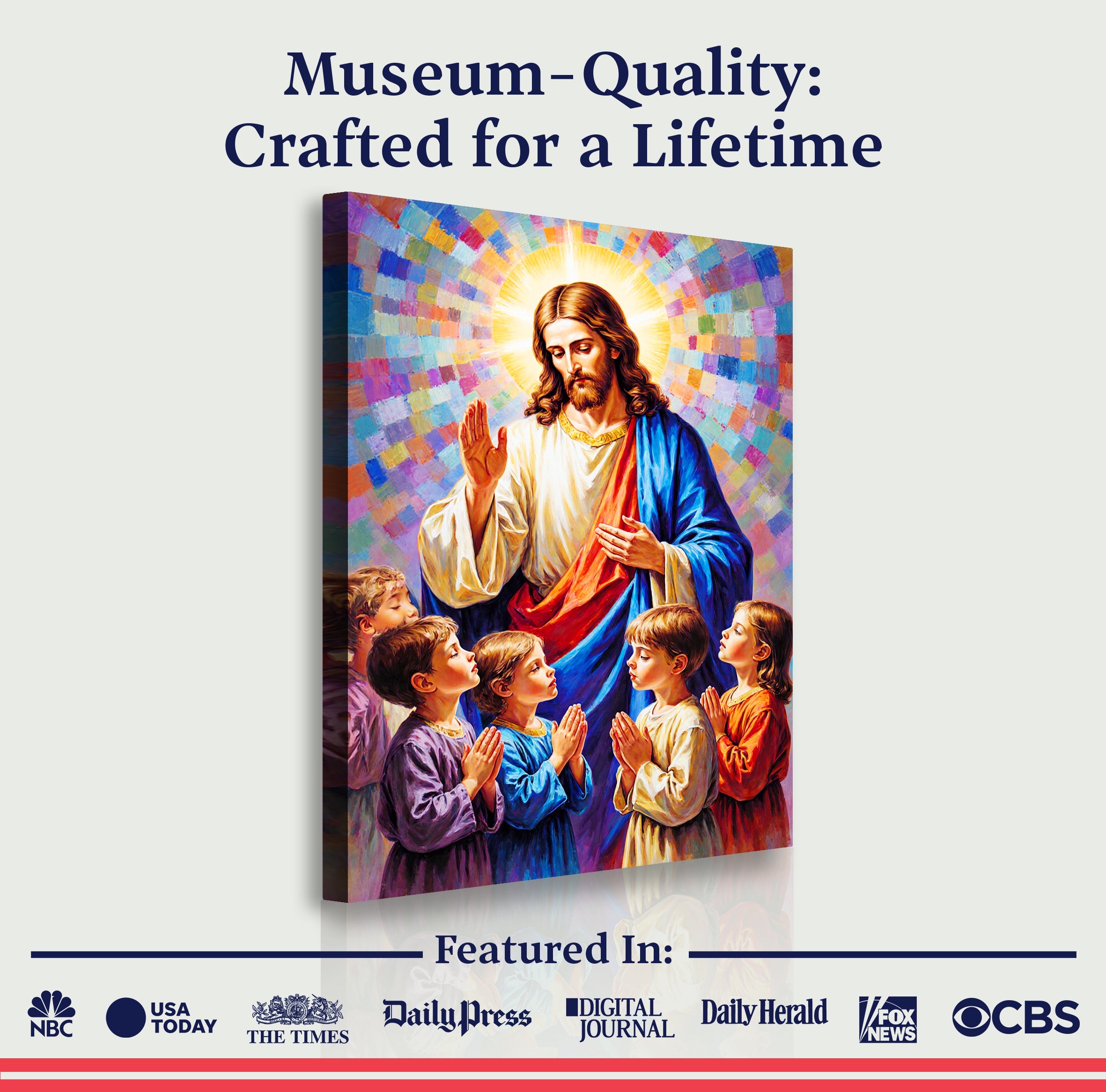Jesus praying wall art with colorful mosaic rays and kneeling children, featured listing graphic