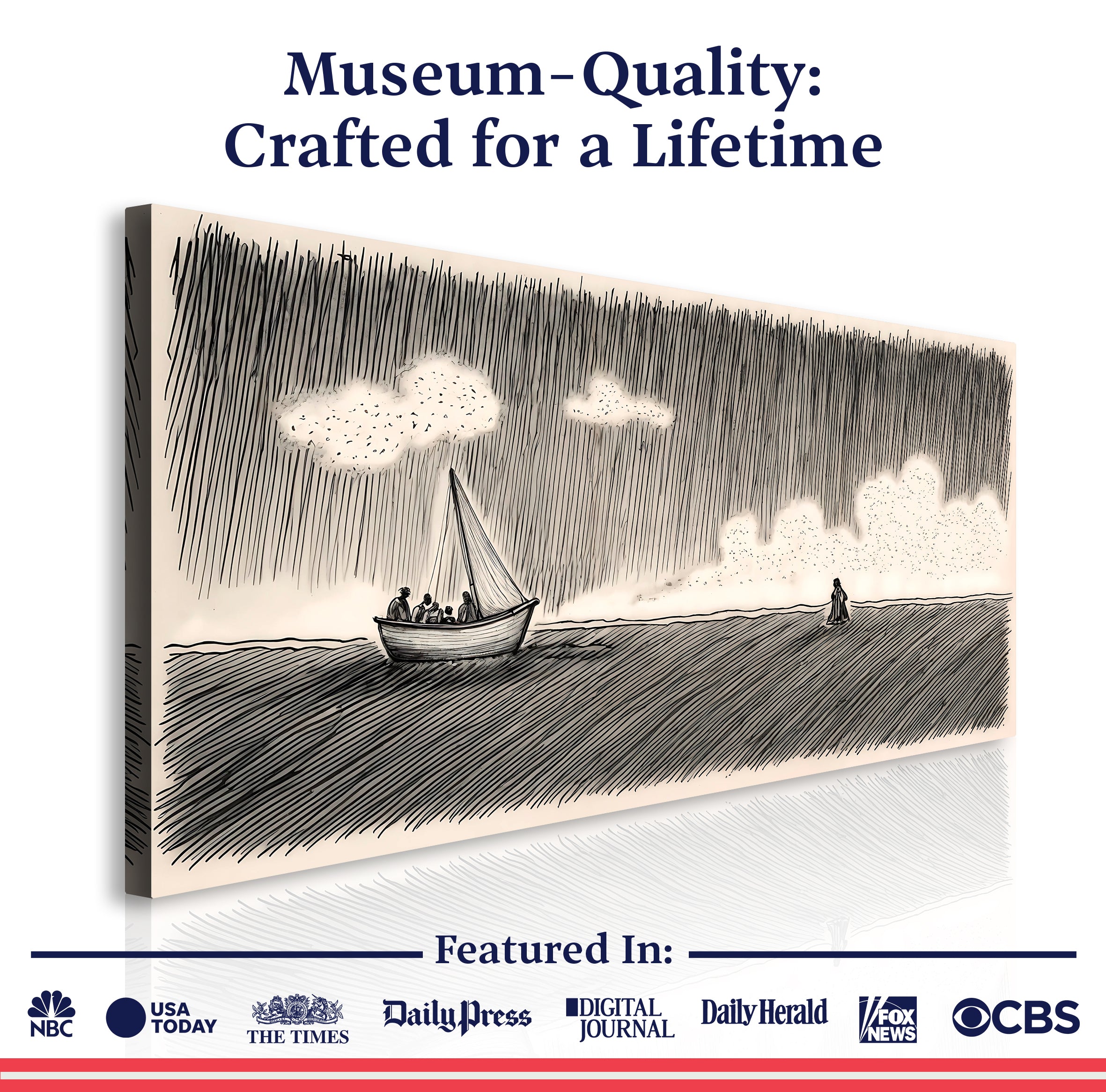Textured sailboat landscape canvas with white clouds; “Museum-Quality: Crafted for a Lifetime”
