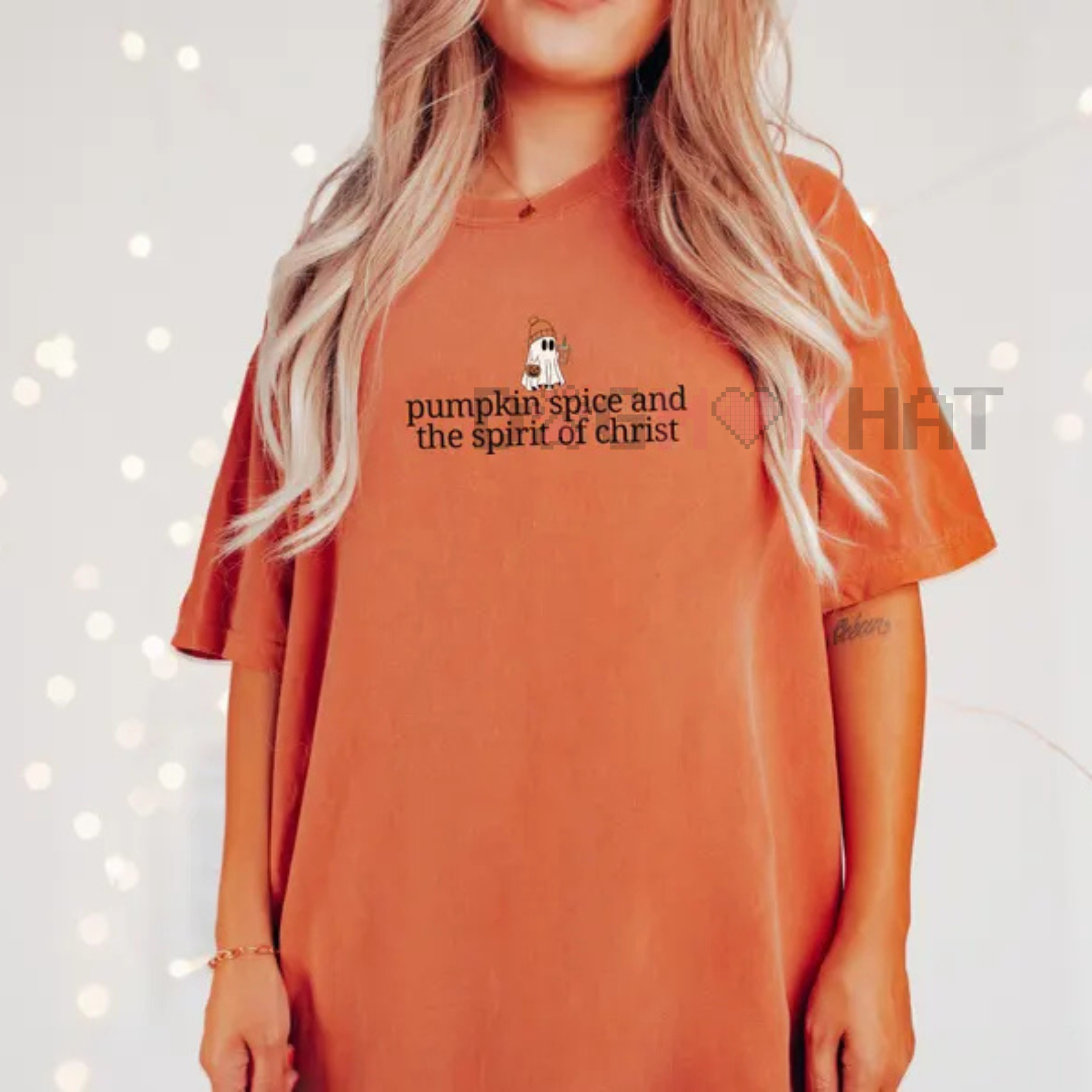 Women's orange Halloween T-shirt with pumpkin spice and spirit of Christ graphic
