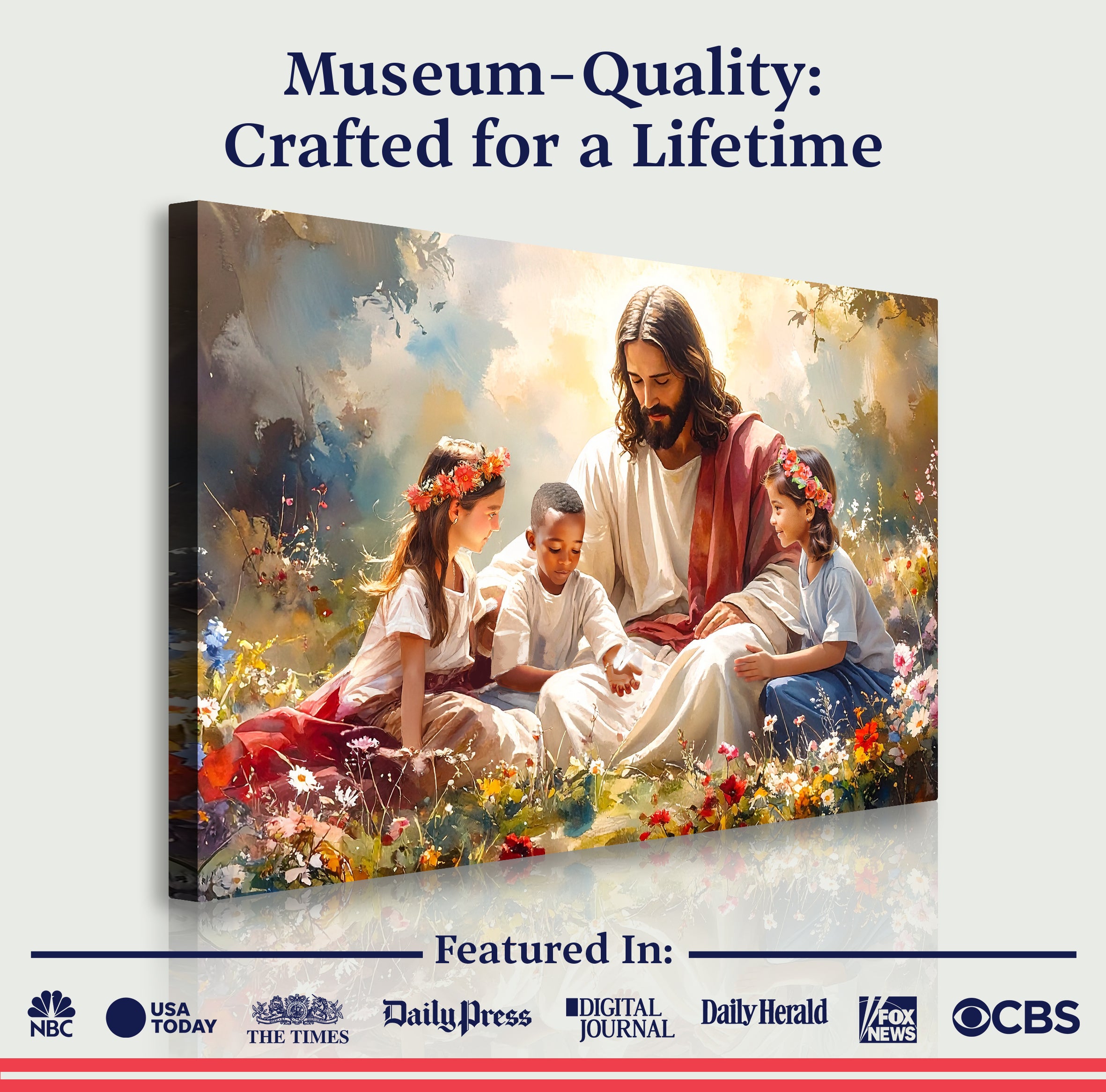 Wall canvas print of Jesus with three children in colorful outdoor flowers