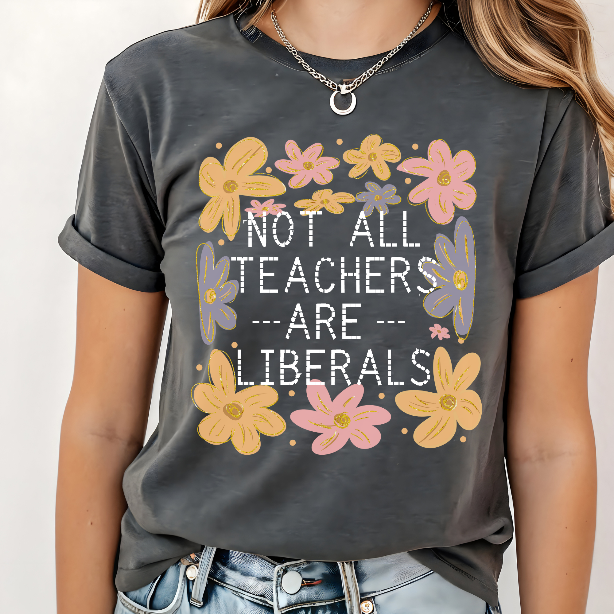 Dark gray graphic T-shirt with floral wreath and bold quote print