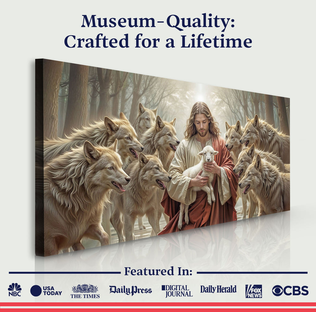 Christian wall art canvas featuring Jesus holding a white lamb with surrounding wolves