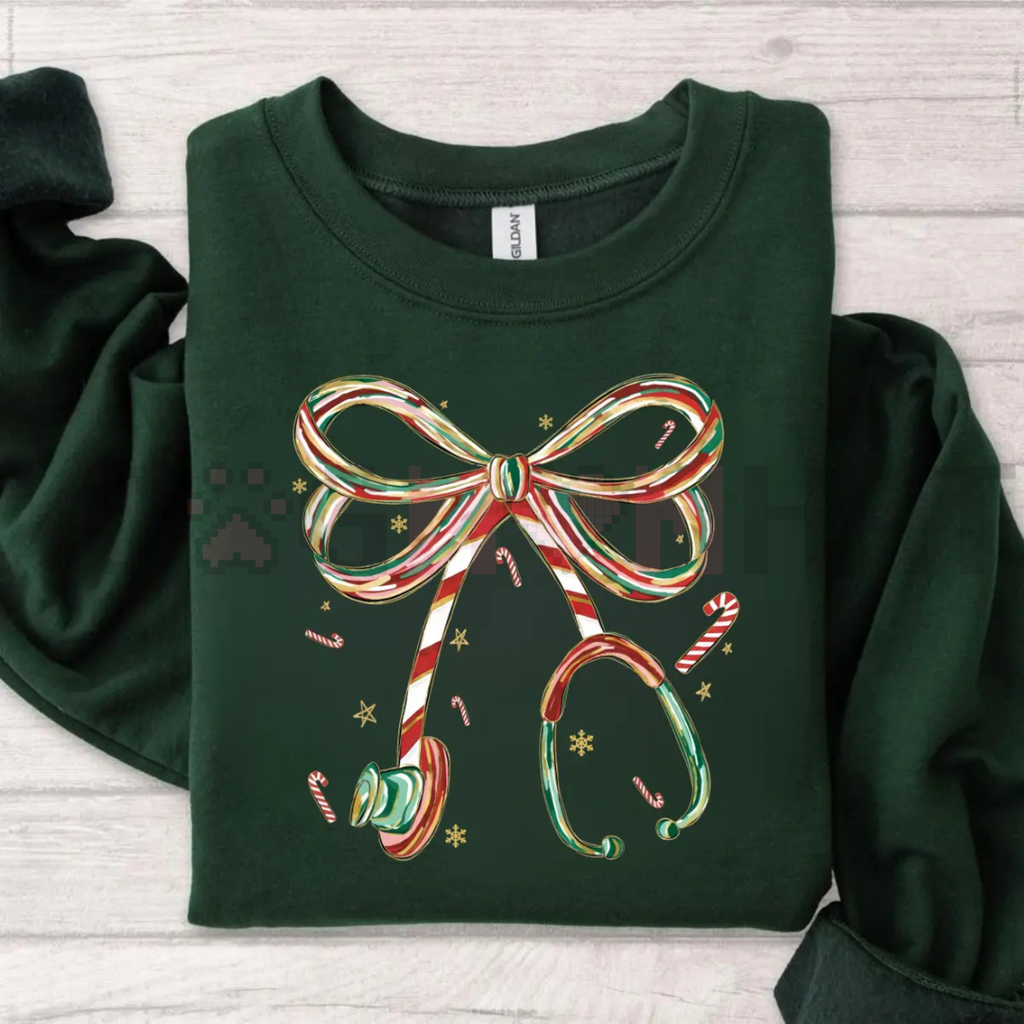 Dark green Christmas nurse sweatshirt with colorful bow and candy cane graphic on front