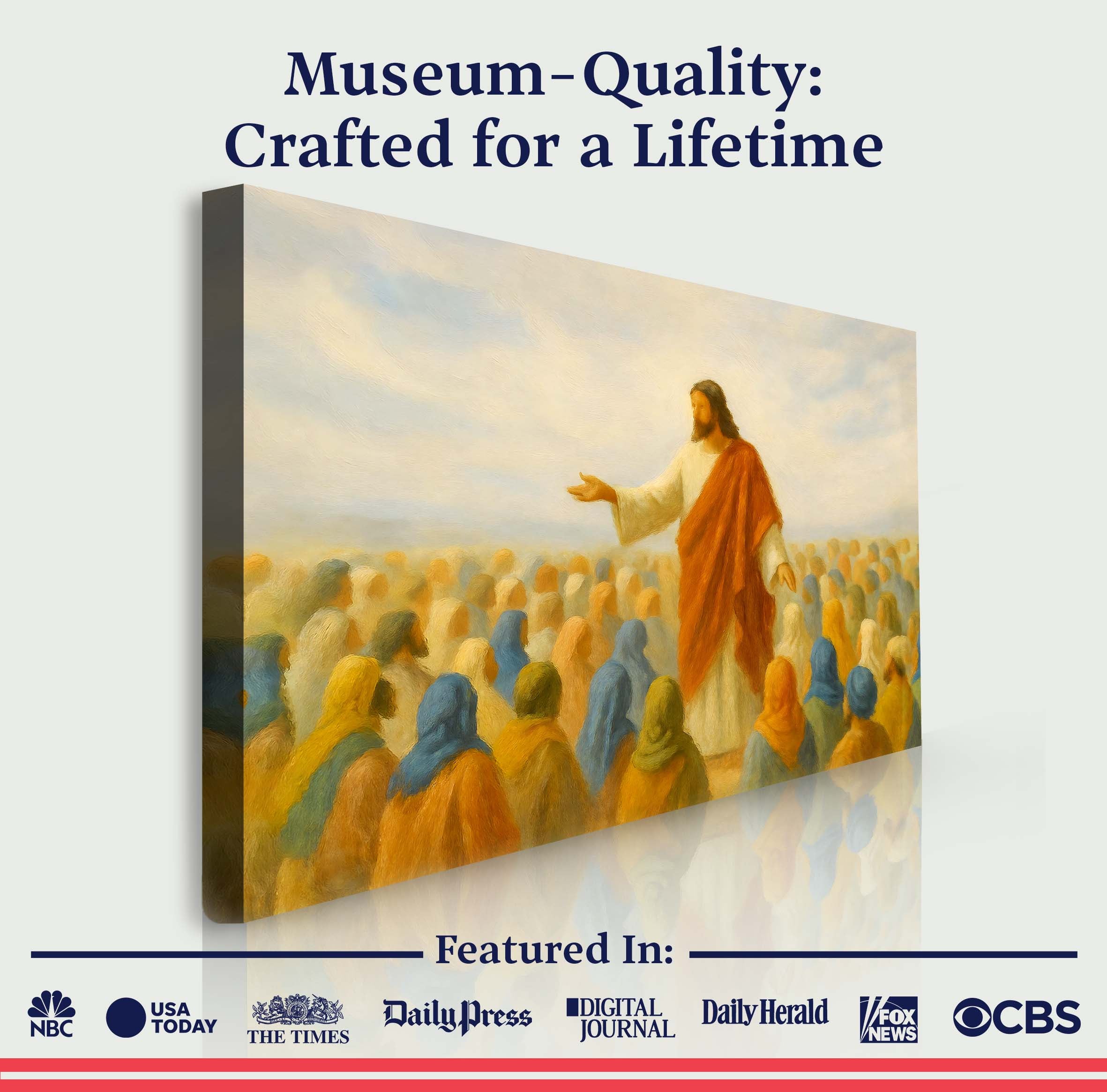 Faith wall art canvas featuring Jesus in an orange robe speaking to a crowd