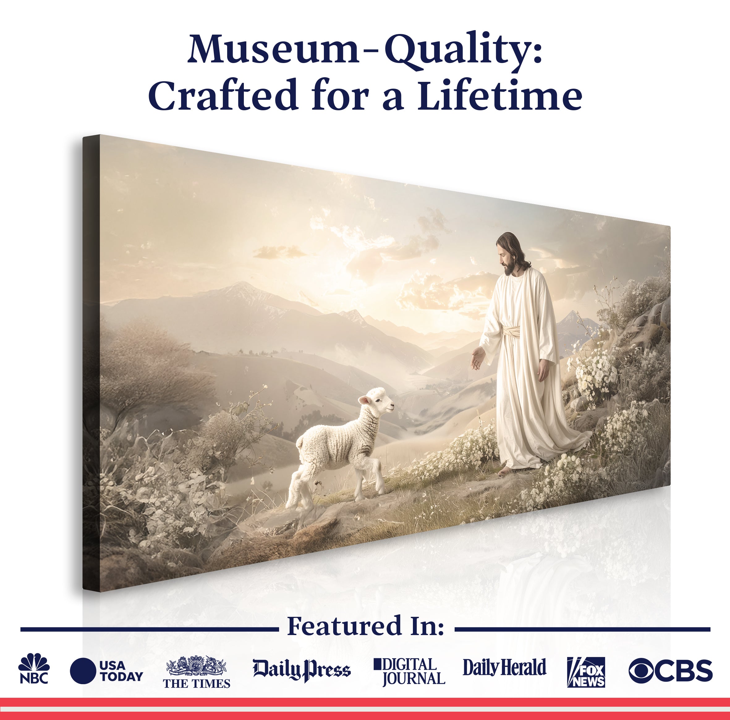 Religious canvas wall art featuring Jesus in white robe with a lamb, museum-quality style