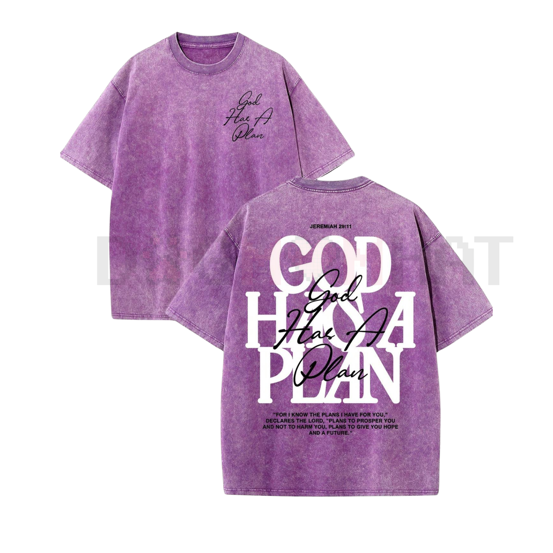 Purple washed crew-neck tee with 'God Has A Plan' front and back graphic, short sleeve