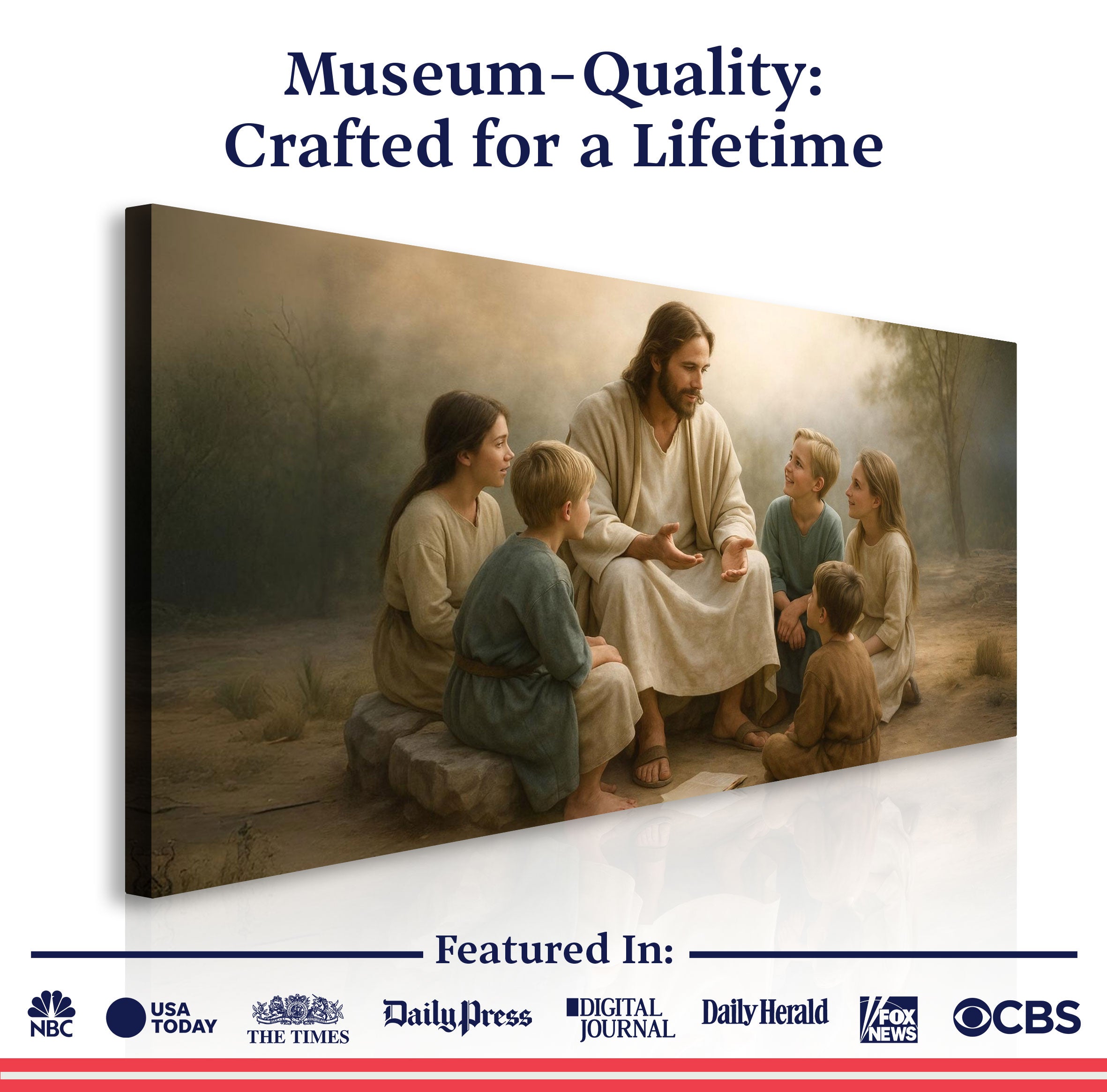 Framed wall art canvas of Jesus with children in a cloudy, natural setting