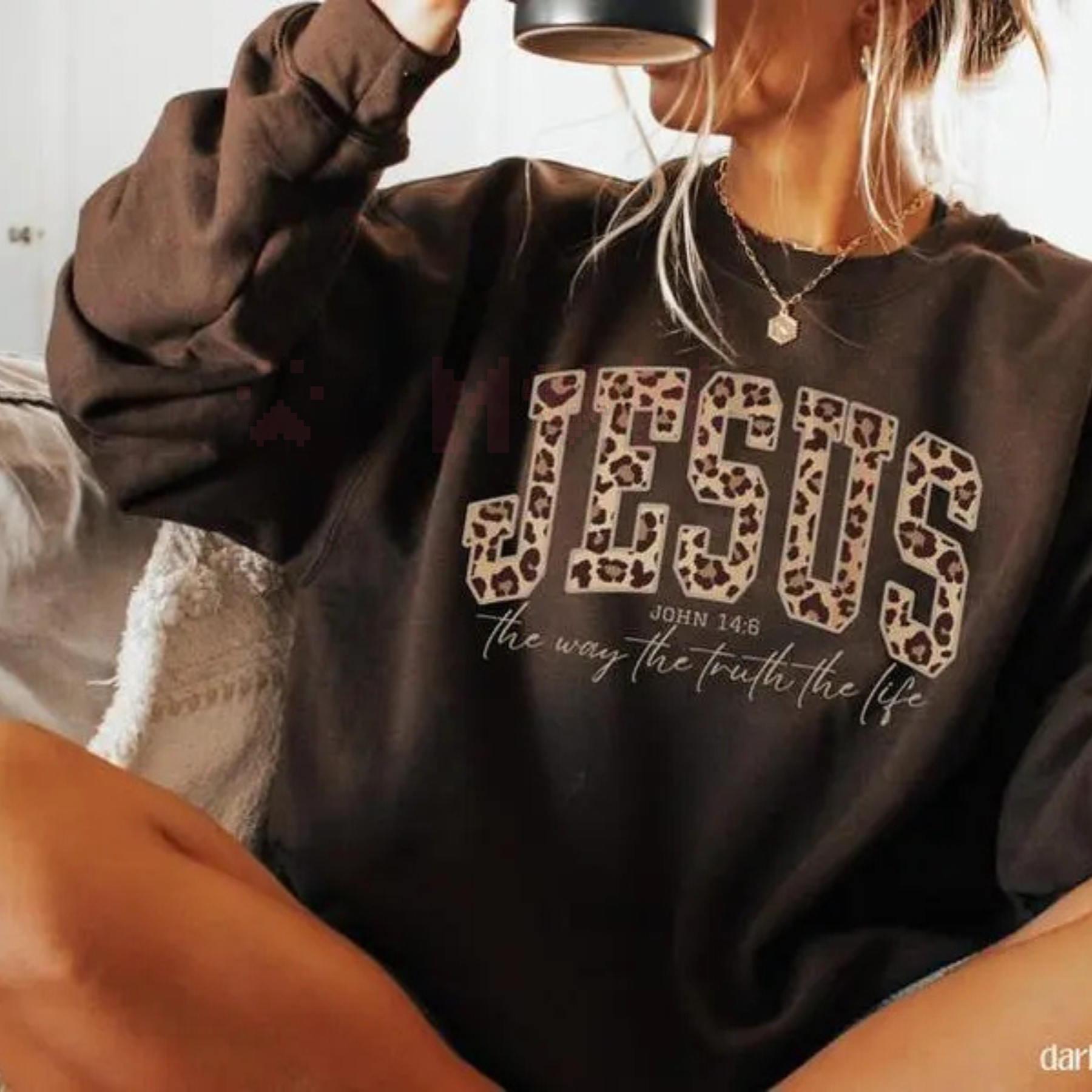 Brown Christian Jesus sweatshirt with leopard-print JESUS text and John 14:6