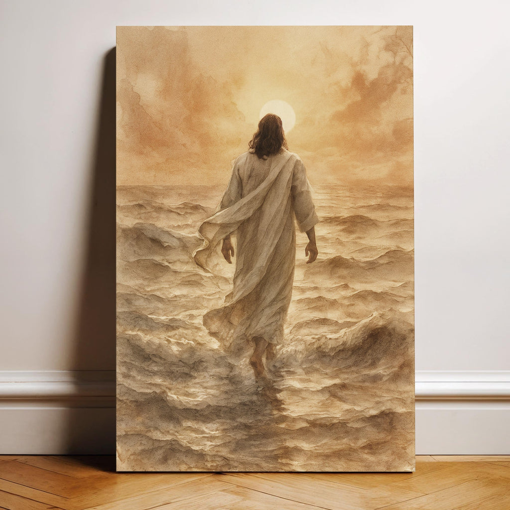 Faith wall art canvas of Jesus walking on water, upright on floor