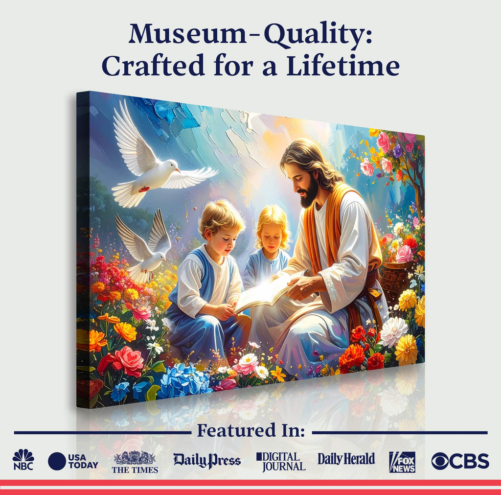 Faith wall art canvas of Jesus reading with children, white doves, and blooming flowers