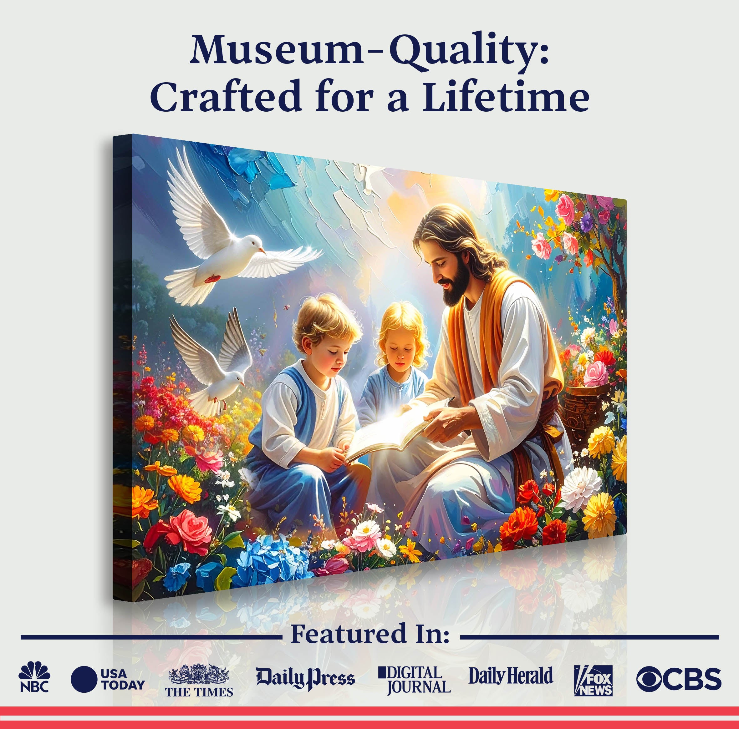 Faith wall art canvas of Jesus reading with children, white doves, and blooming flowers