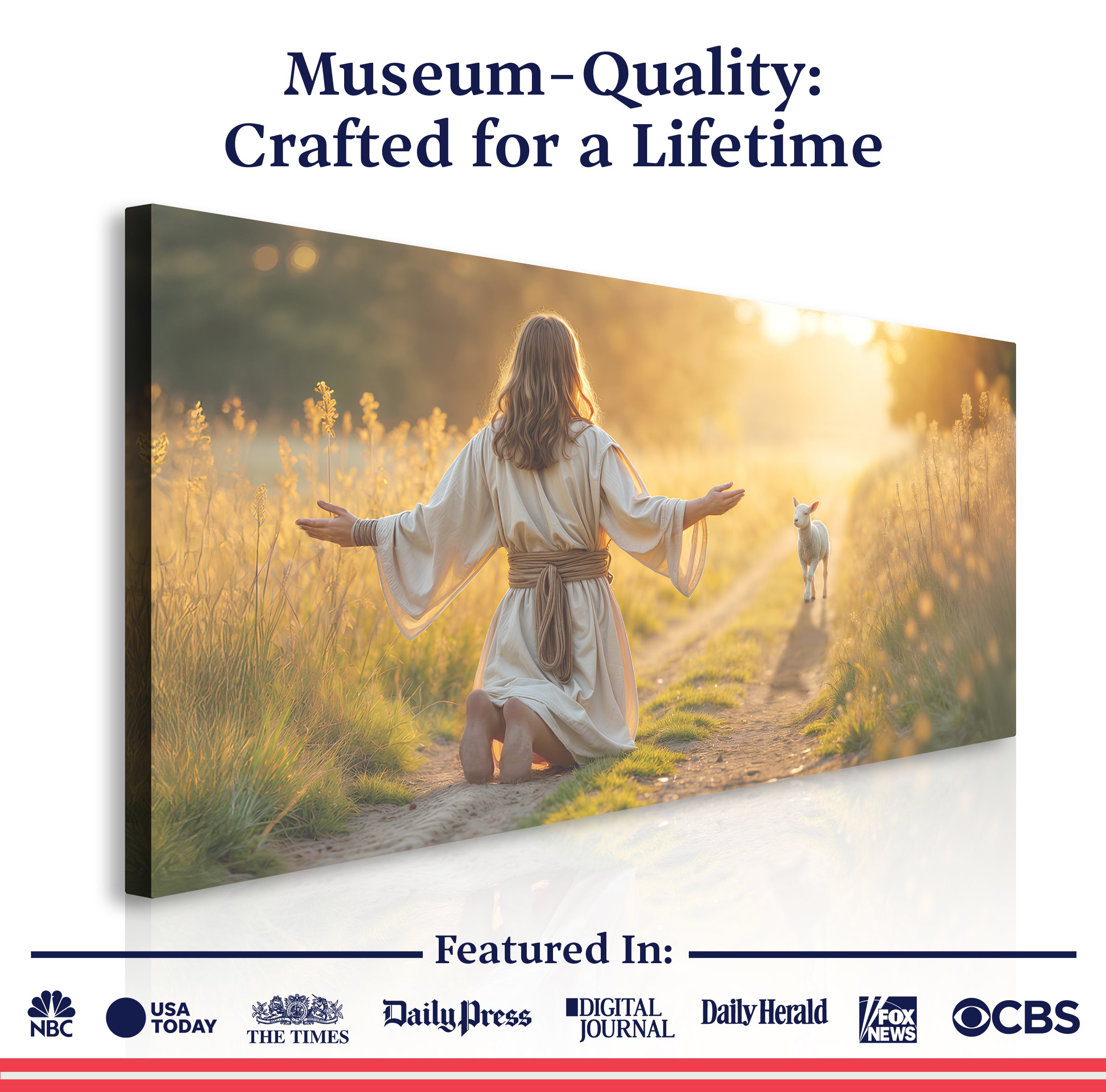 Landscape wall art canvas with kneeling woman in white robe, arms open, and lamb