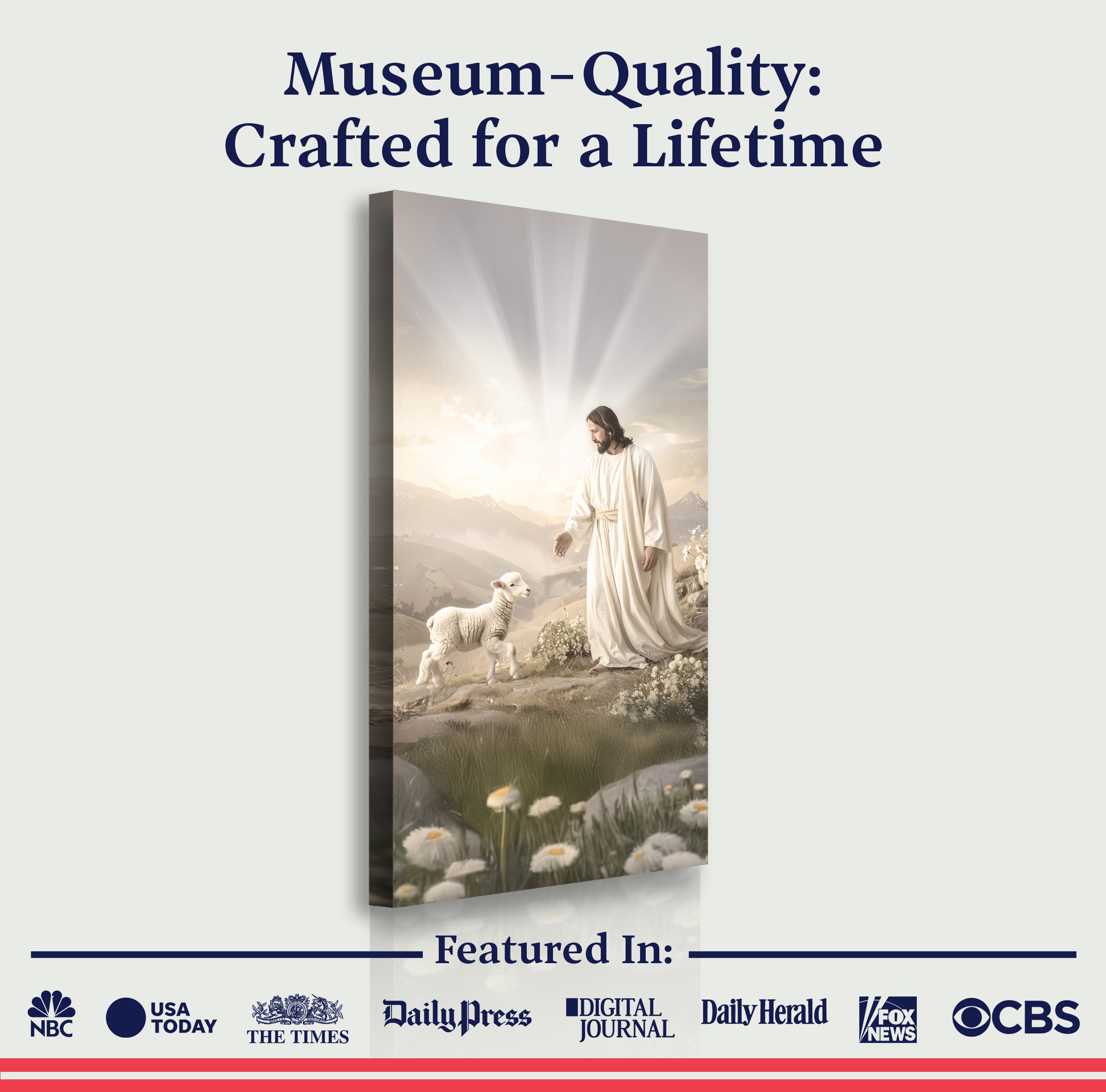 Faith wall art canvas with Jesus and lambs; 'Museum-Quality' and lifetime text banner