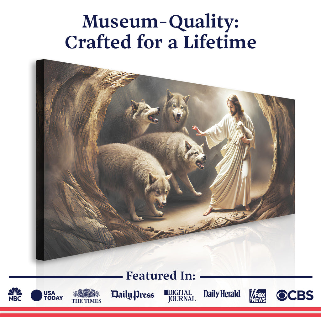 Jesus and lambs wall art canvas with “Museum-Quality” text banner