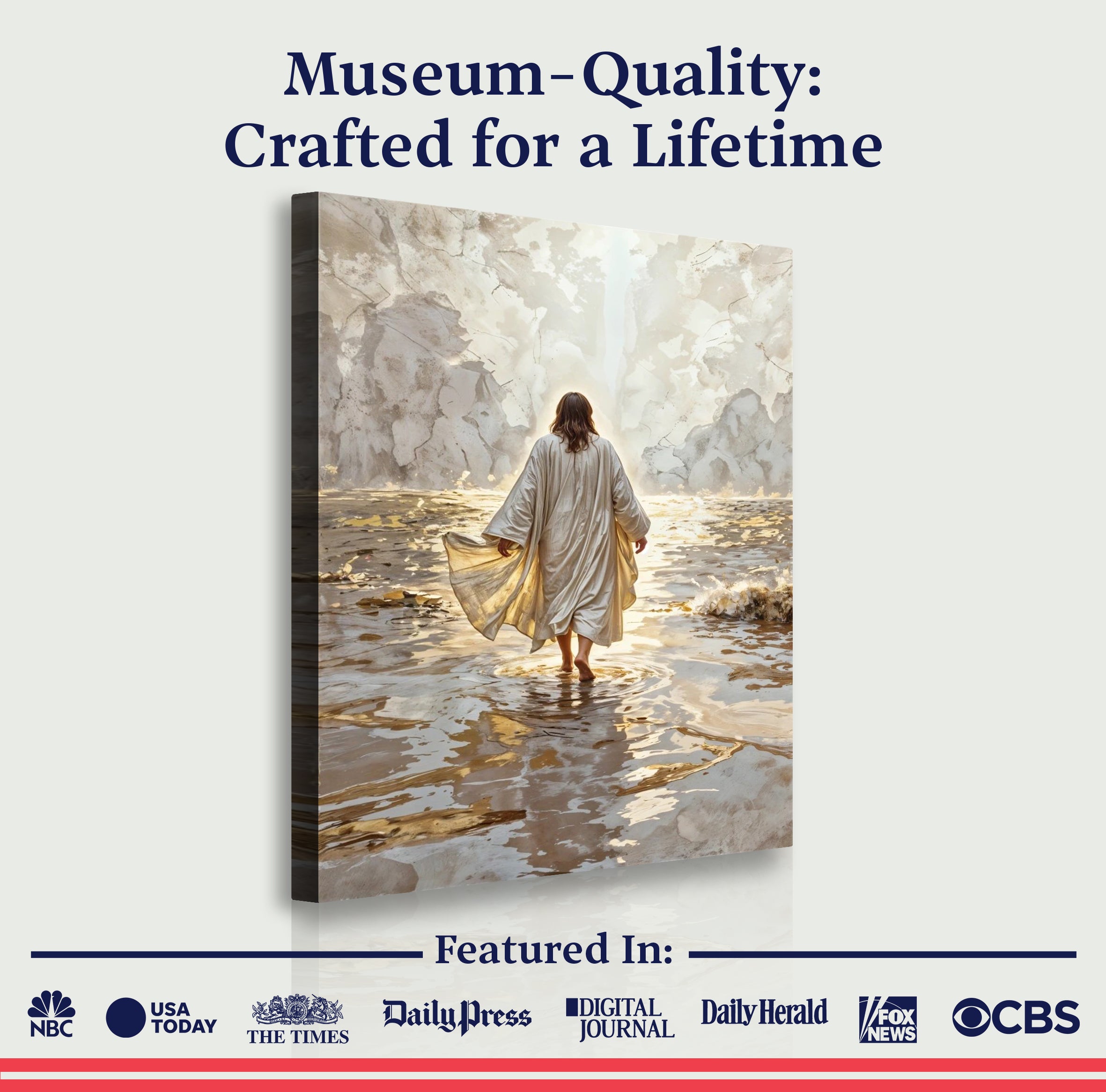 Jesus walking on water canvas wall art, back view figure in white robe